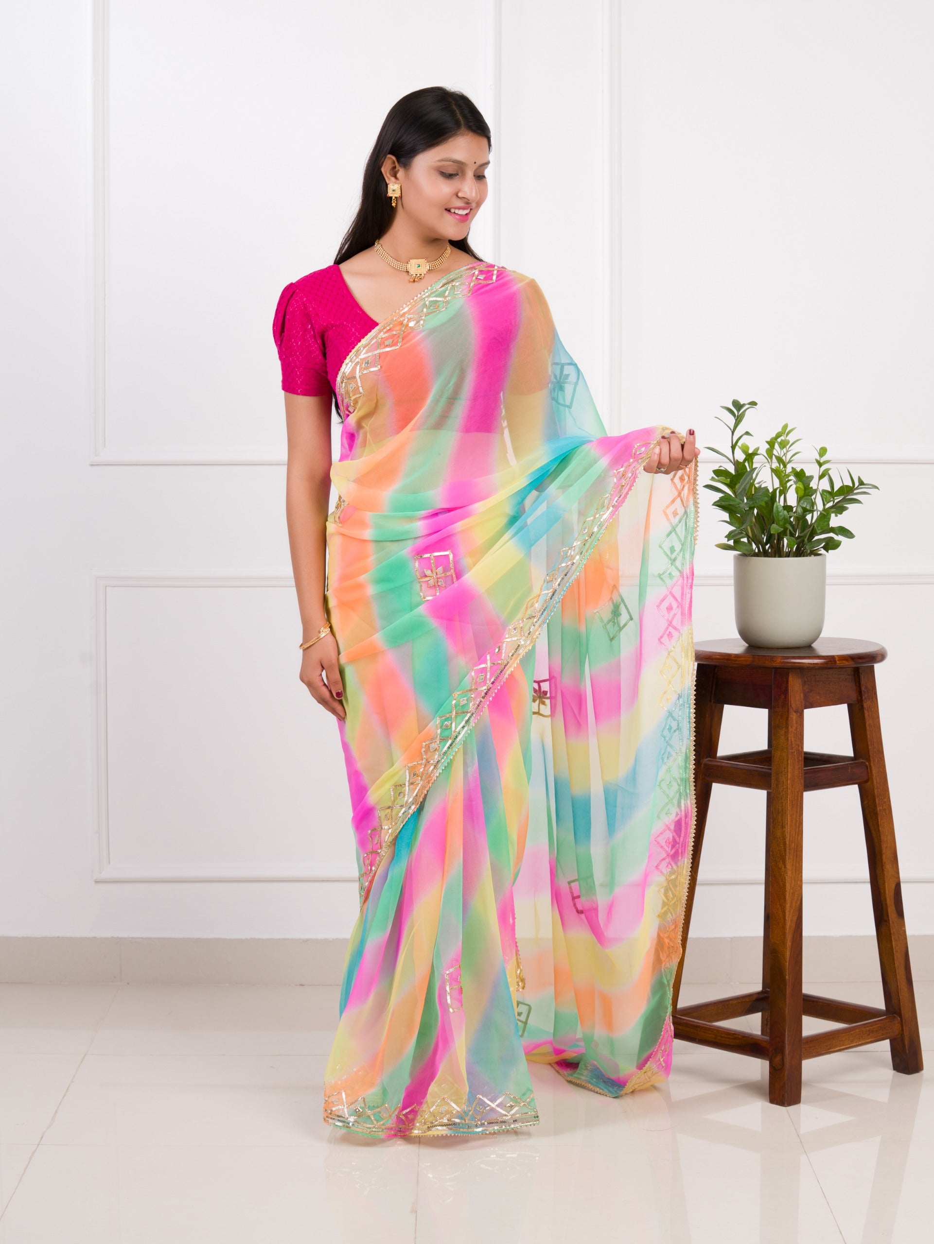 KcPc New Lightweight Chiffon Leheriya Saree with Gota Patti Work AMT