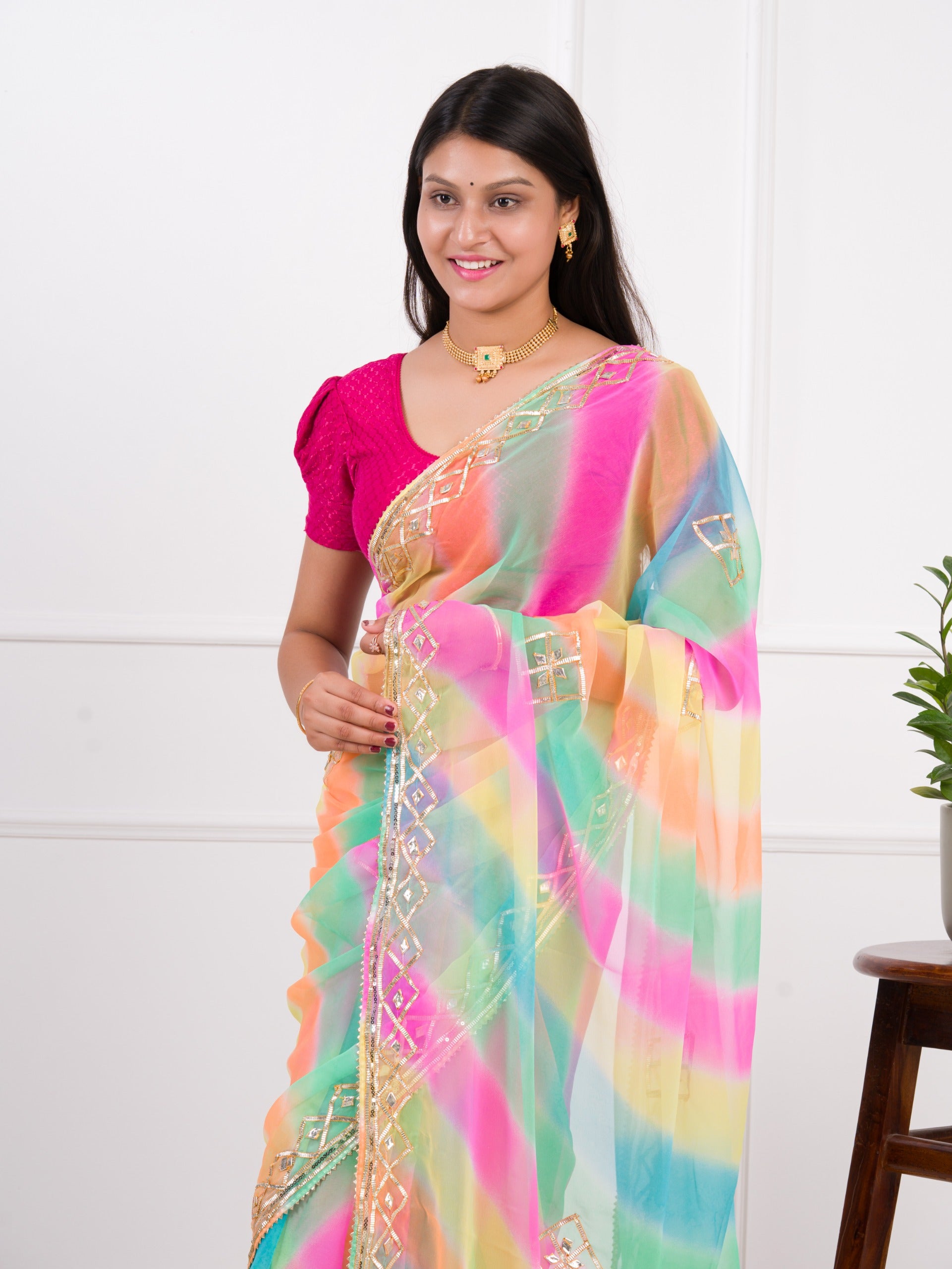 KcPc New Lightweight Chiffon Leheriya Saree with Gota Patti Work AMT