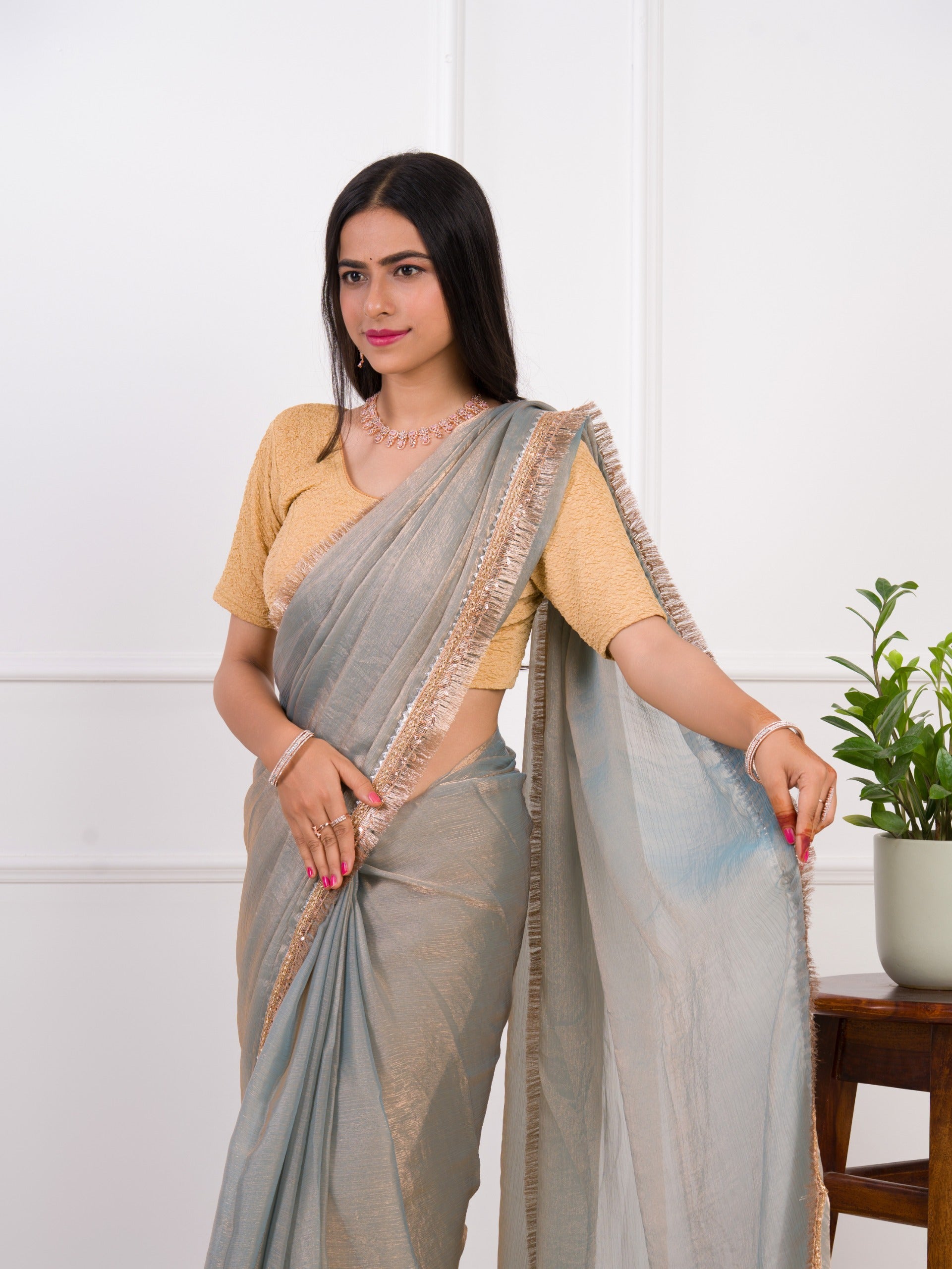 Chiffon Bollywood Style With Zari border Work Saree in grey colour