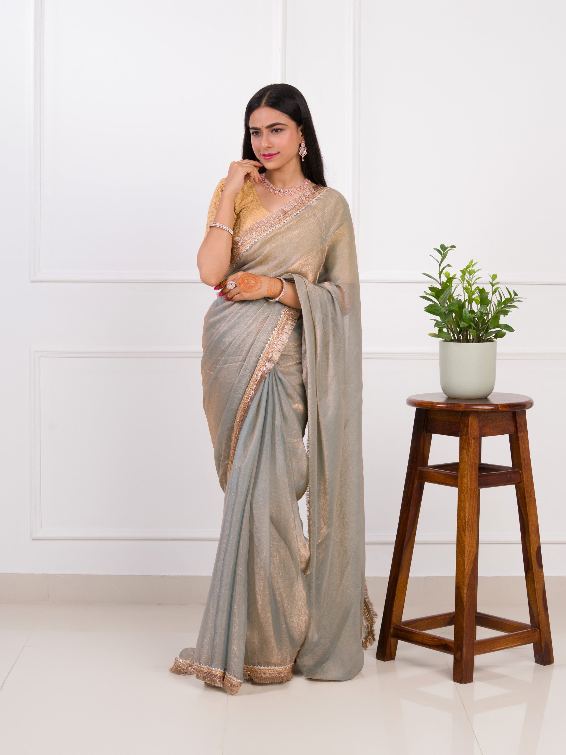 Chiffon Bollywood Style With Zari border Work Saree in grey colour