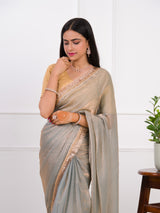 Chiffon Bollywood Style With Zari border Work Saree in grey colour