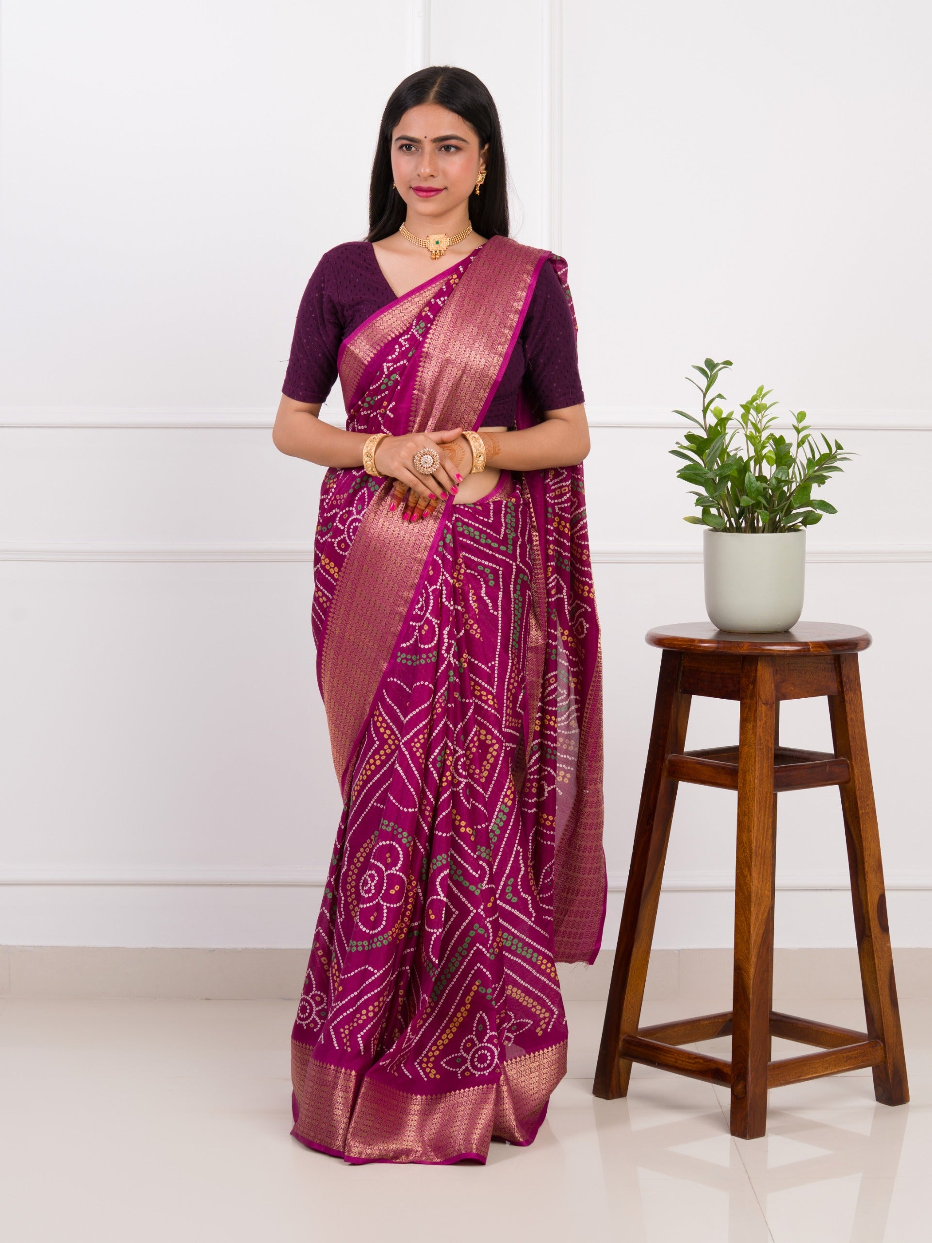 Cotton Silk Bandhani Style With Zari Border Work Sareein wine colour