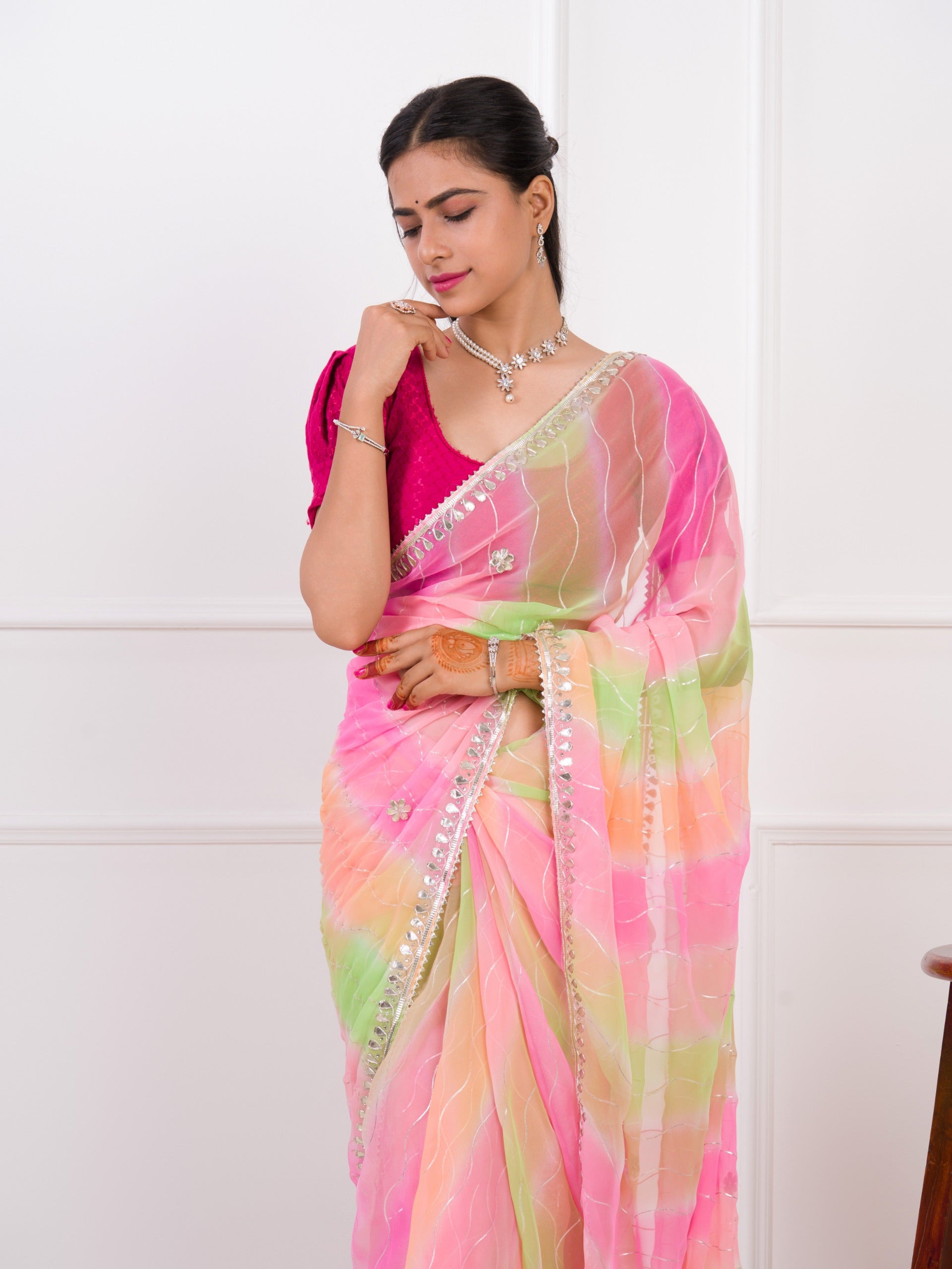 KcPc Beautiful Comfortable Chiffon Leheriya Saree with Gota Patti WorkAMT