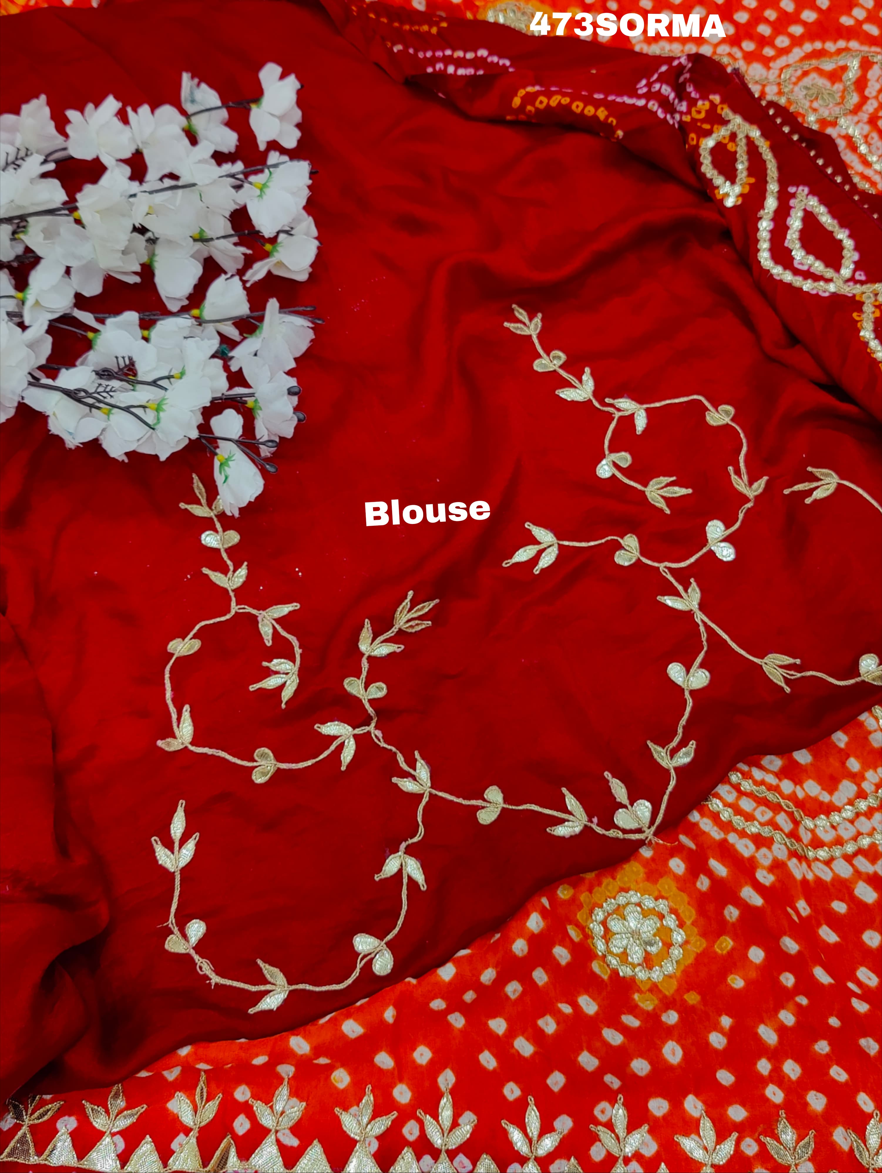 Red saree with white patterns Gaji Silk Bandhani Heavy Gotapatti Work