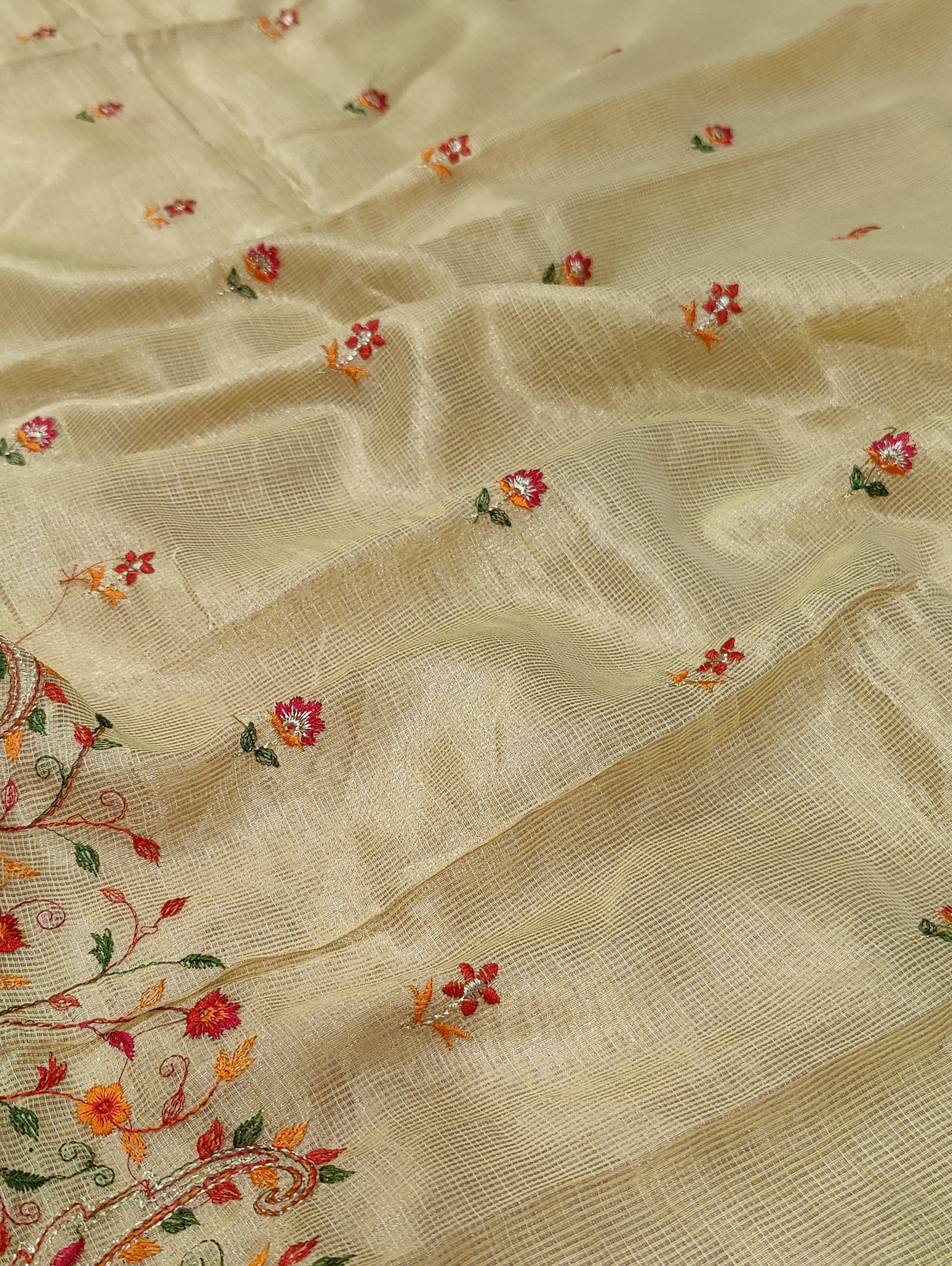 Kota Doriya Designer With Kashida Work Beige saree with floral patterns and a border