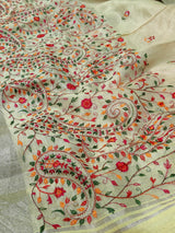 Kota Doriya Designer With Kashida Work Beige saree with floral patterns and a border