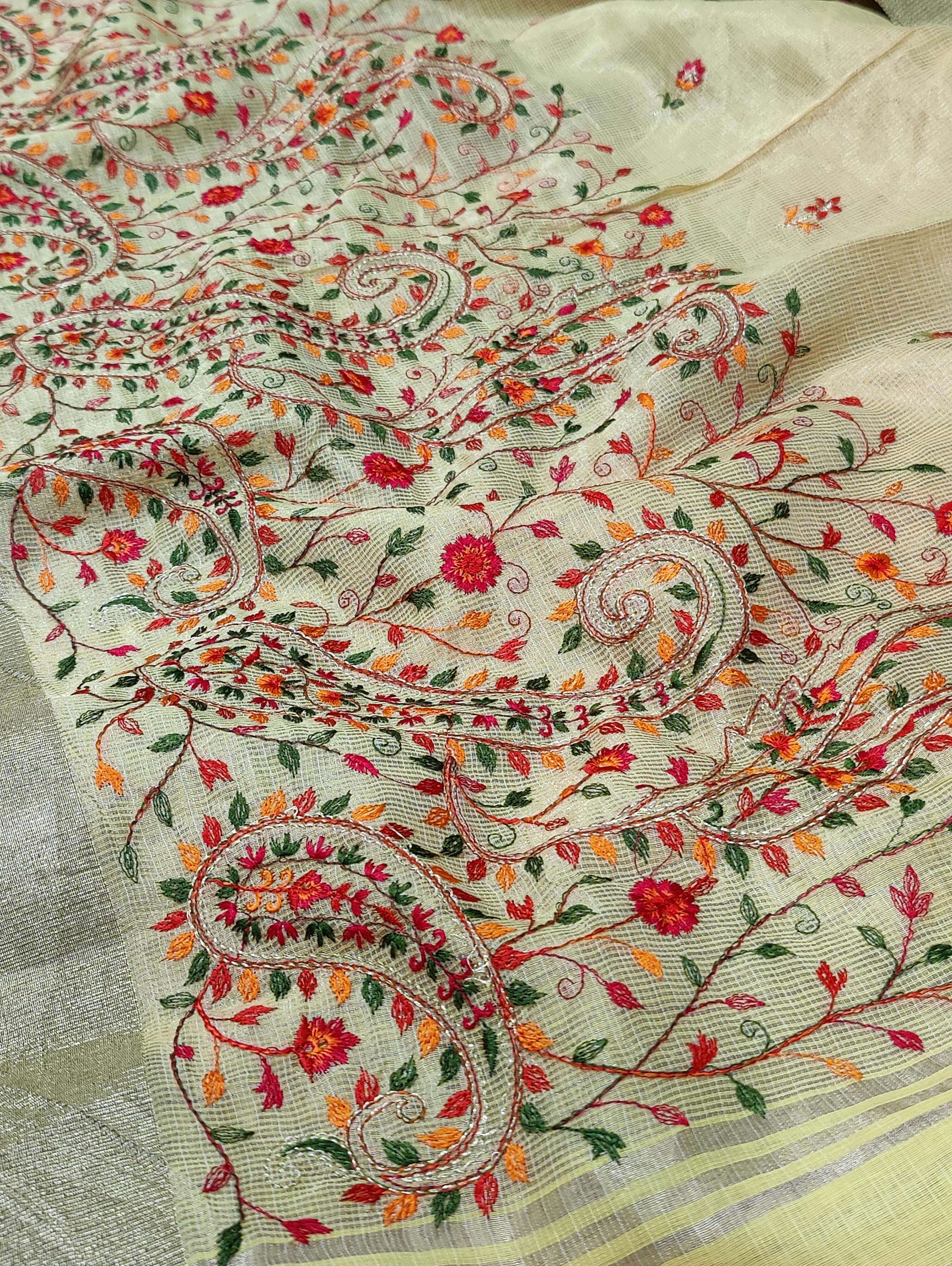 Kota Doriya Designer With Kashida Work Beige saree with floral patterns and a border