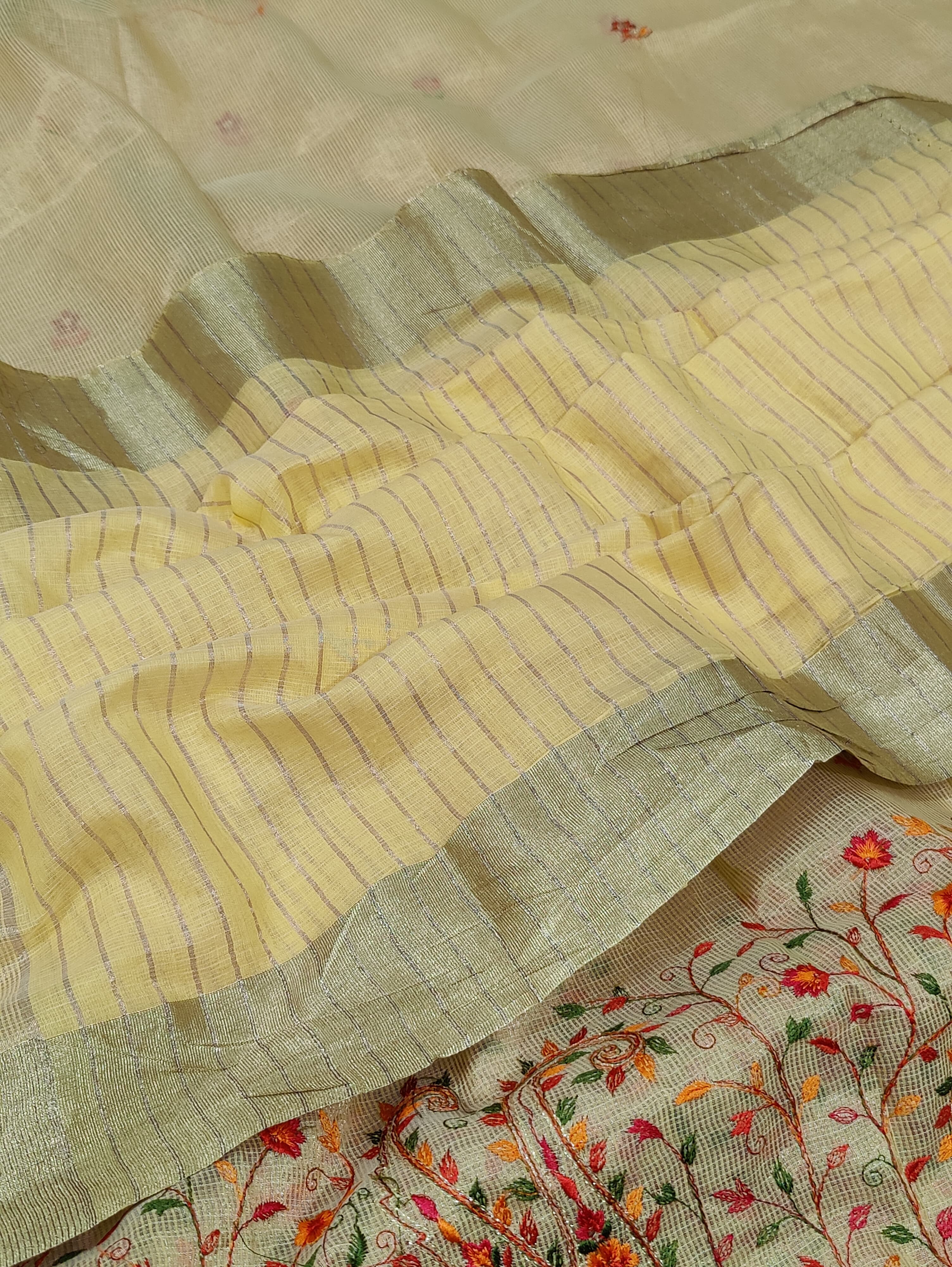 Kota Doriya Designer With Kashida Work Beige saree with floral patterns and a border