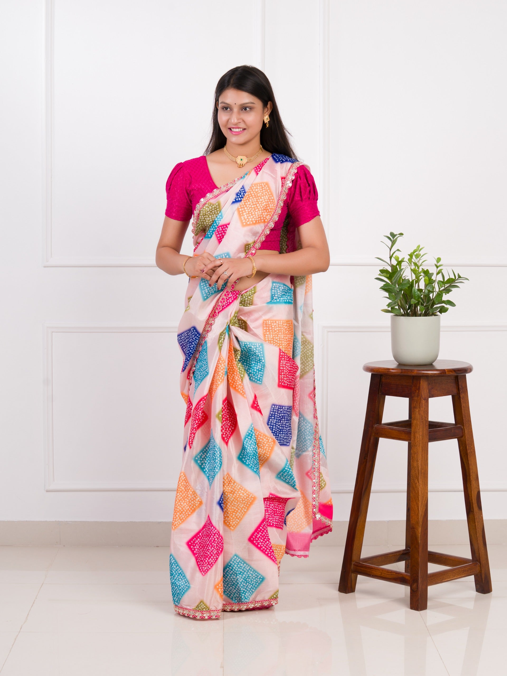 silk Bandhani Style With Gotapatti border work Saree in cream colour