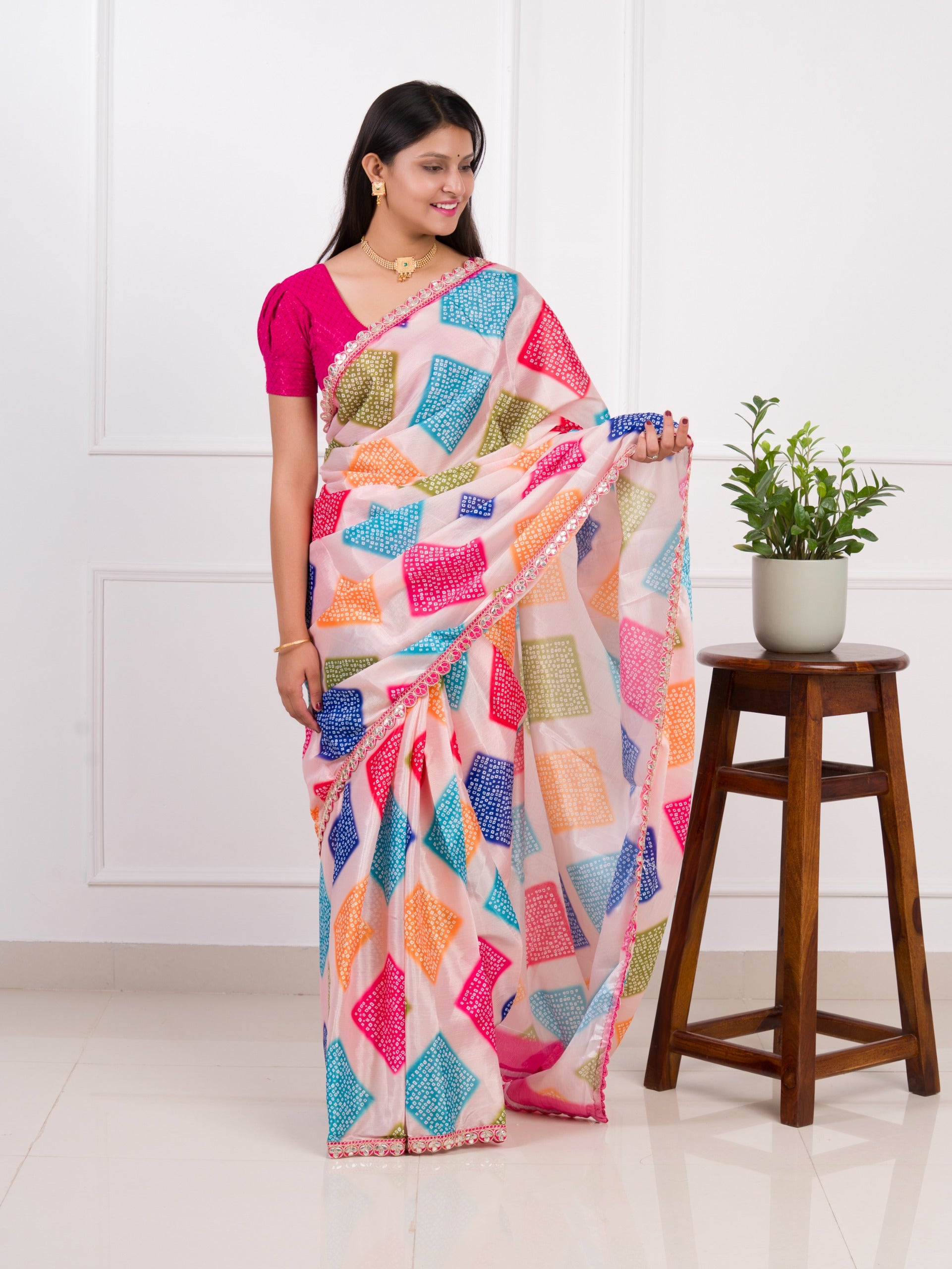 silk Bandhani Style With Gotapatti border work Saree in cream colour