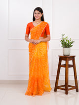 orange saree with a white printChiffon Bandhani style With Vintage Work Saree