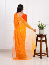 orange saree with a white printChiffon Bandhani style With Vintage Work Saree
