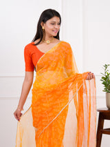orange saree with a white printChiffon Bandhani style With Vintage Work Saree