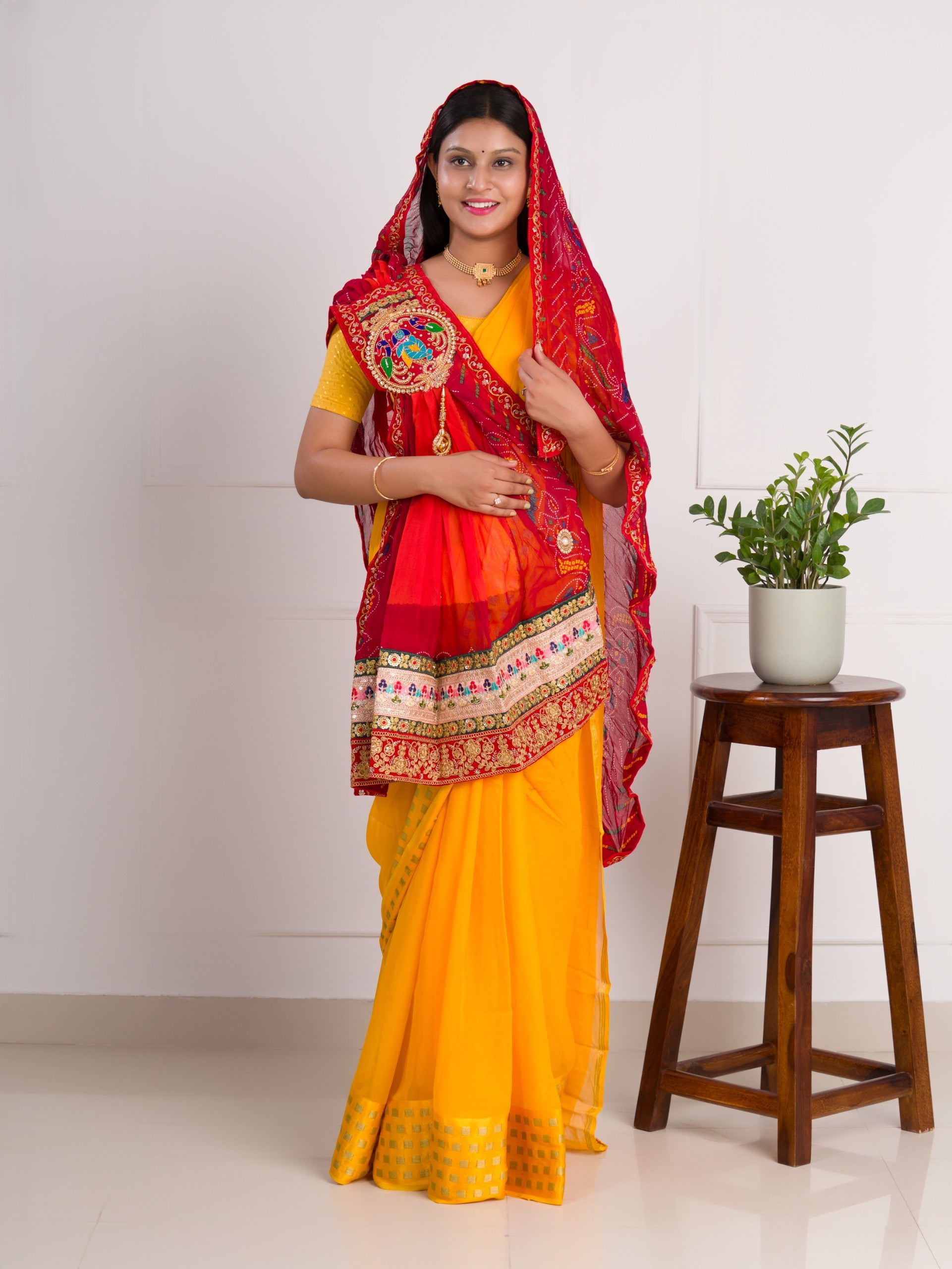 KcPc New Pure Georgette Marwardi Broach Style With Belbuti Work PIliya