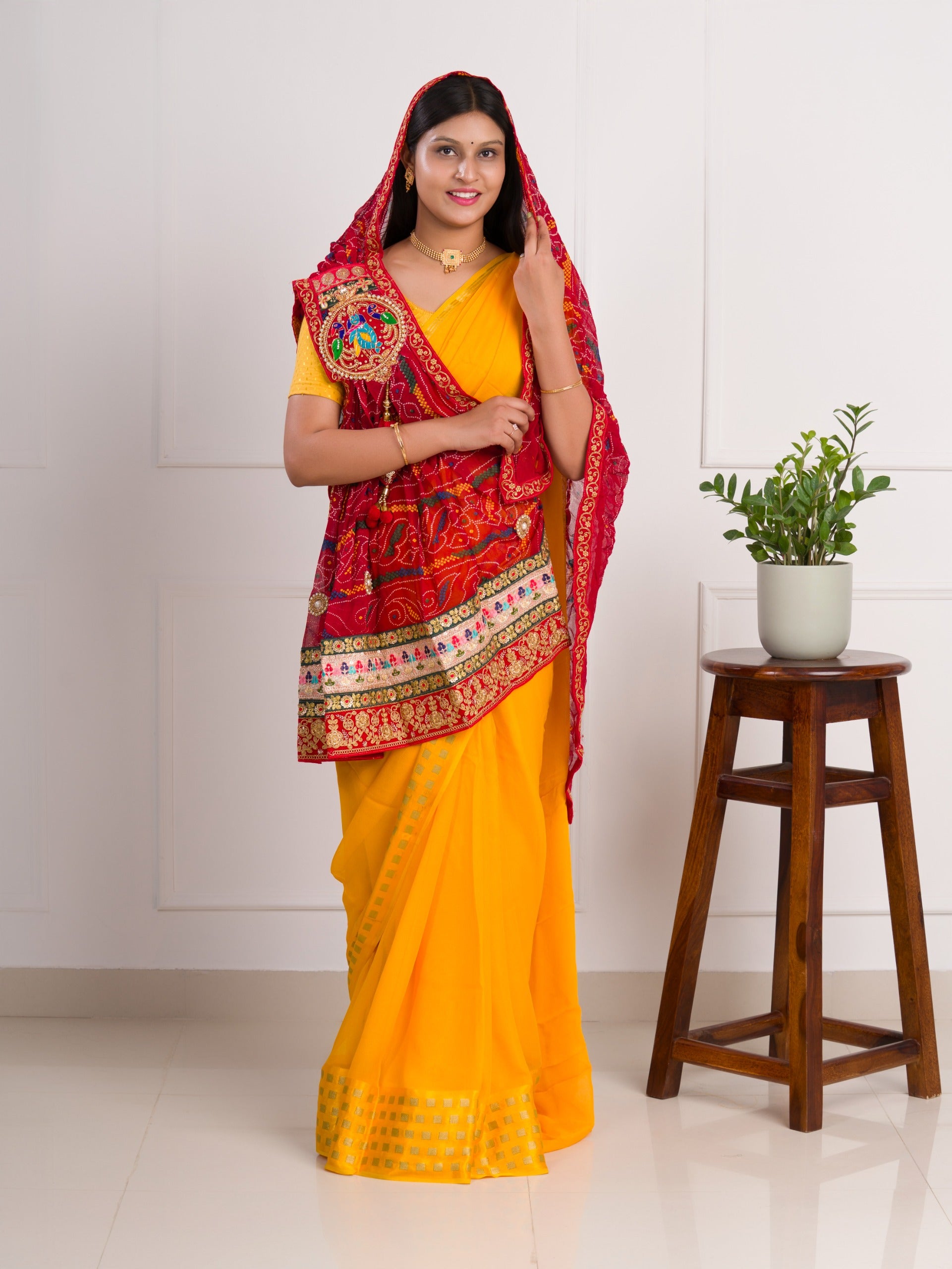 KcPc New Pure Georgette Marwardi Broach Style With Belbuti Work Chunri