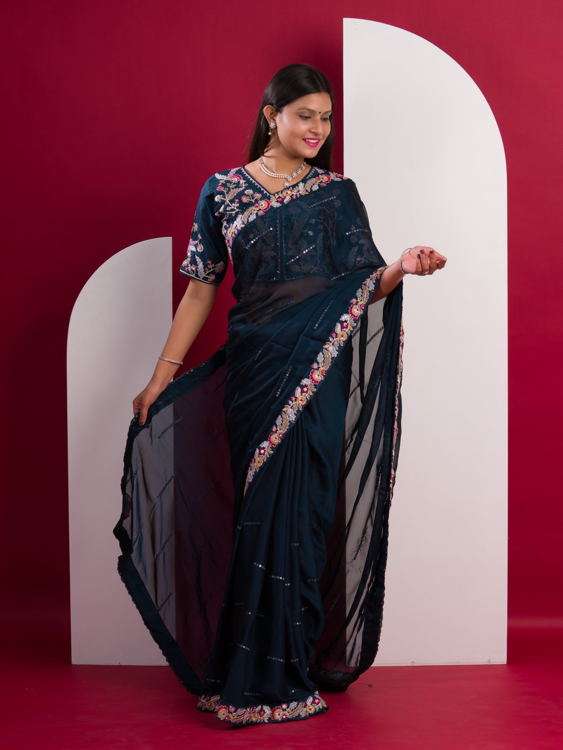 Silksaree with Sequence Design in Morknti colour