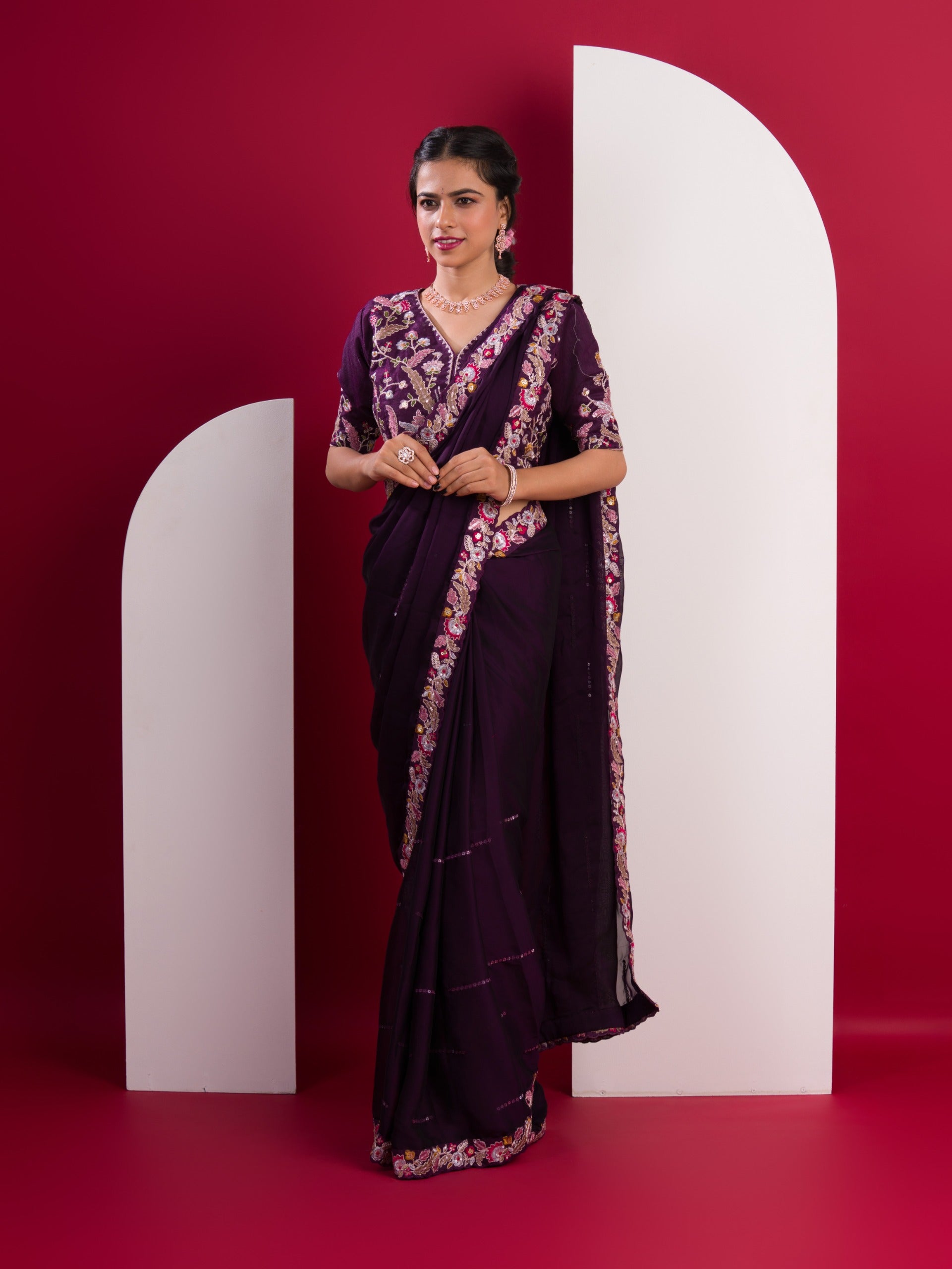 KcPc Premium Chiffon Silk Saree with Kashida Embroidered Readymade Blouse HM