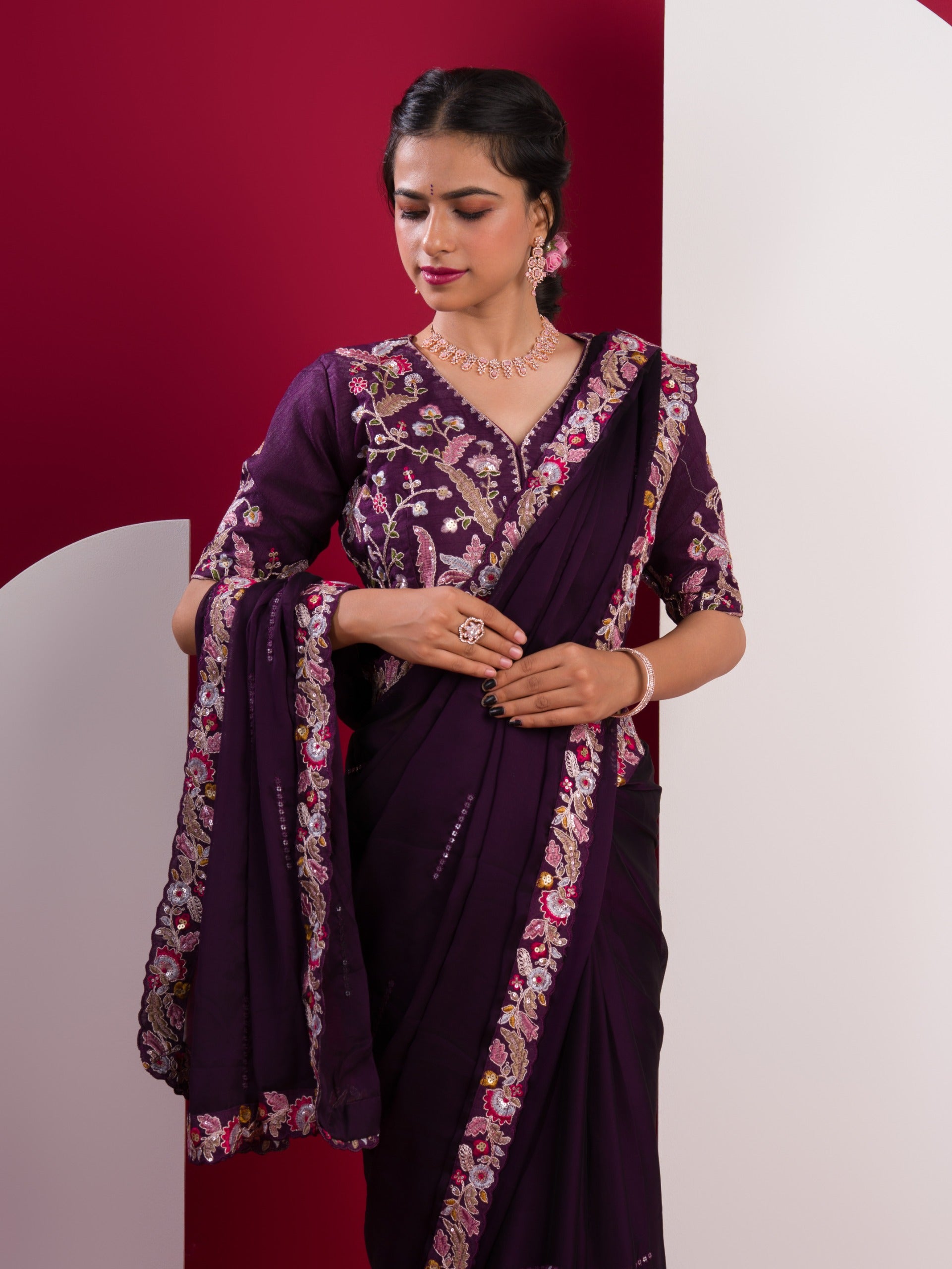 KcPc Premium Chiffon Silk Saree with Kashida Embroidered Readymade Blouse HM