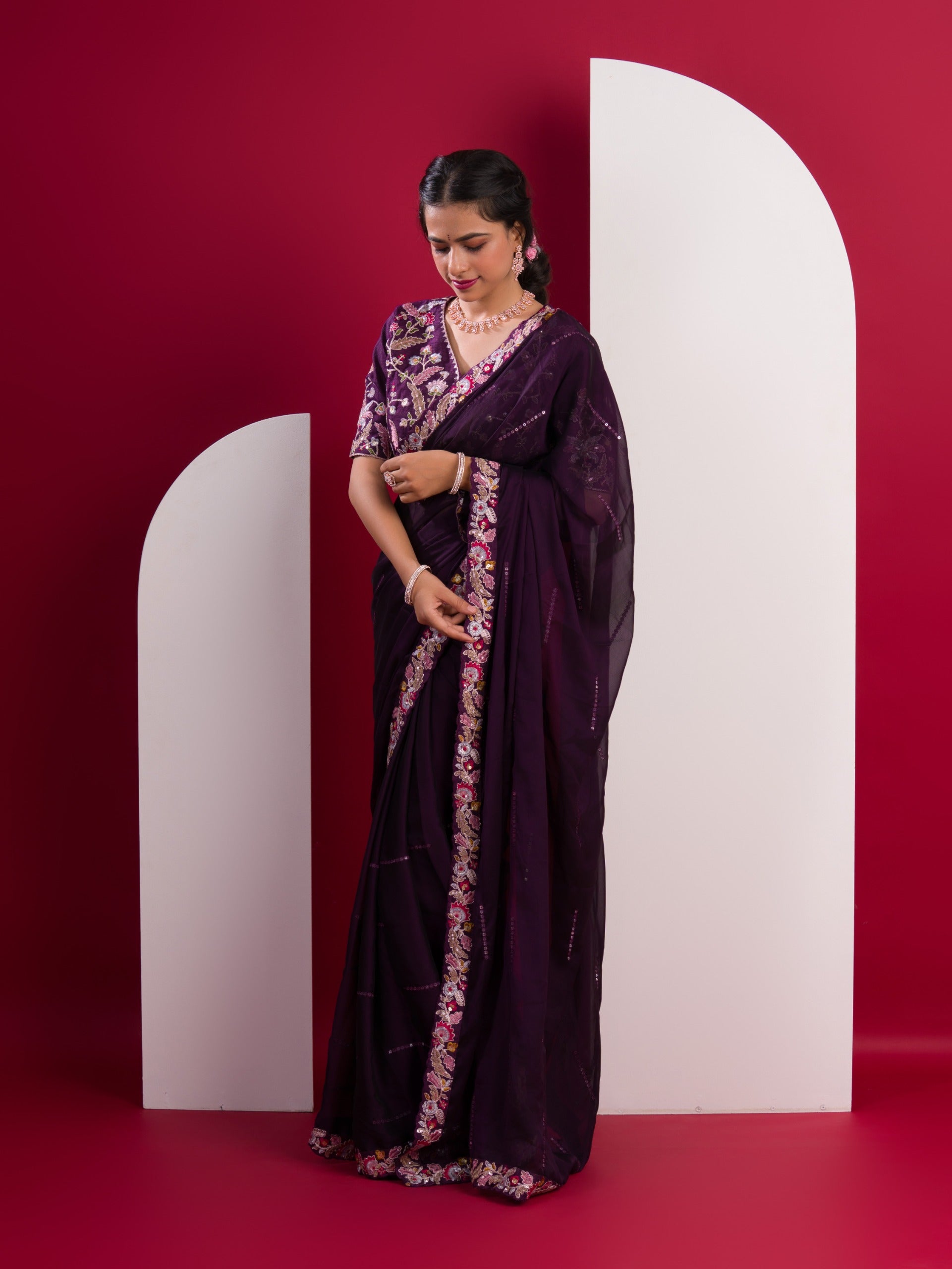 KcPc Premium Chiffon Silk Saree with Kashida Embroidered Readymade Blouse HM