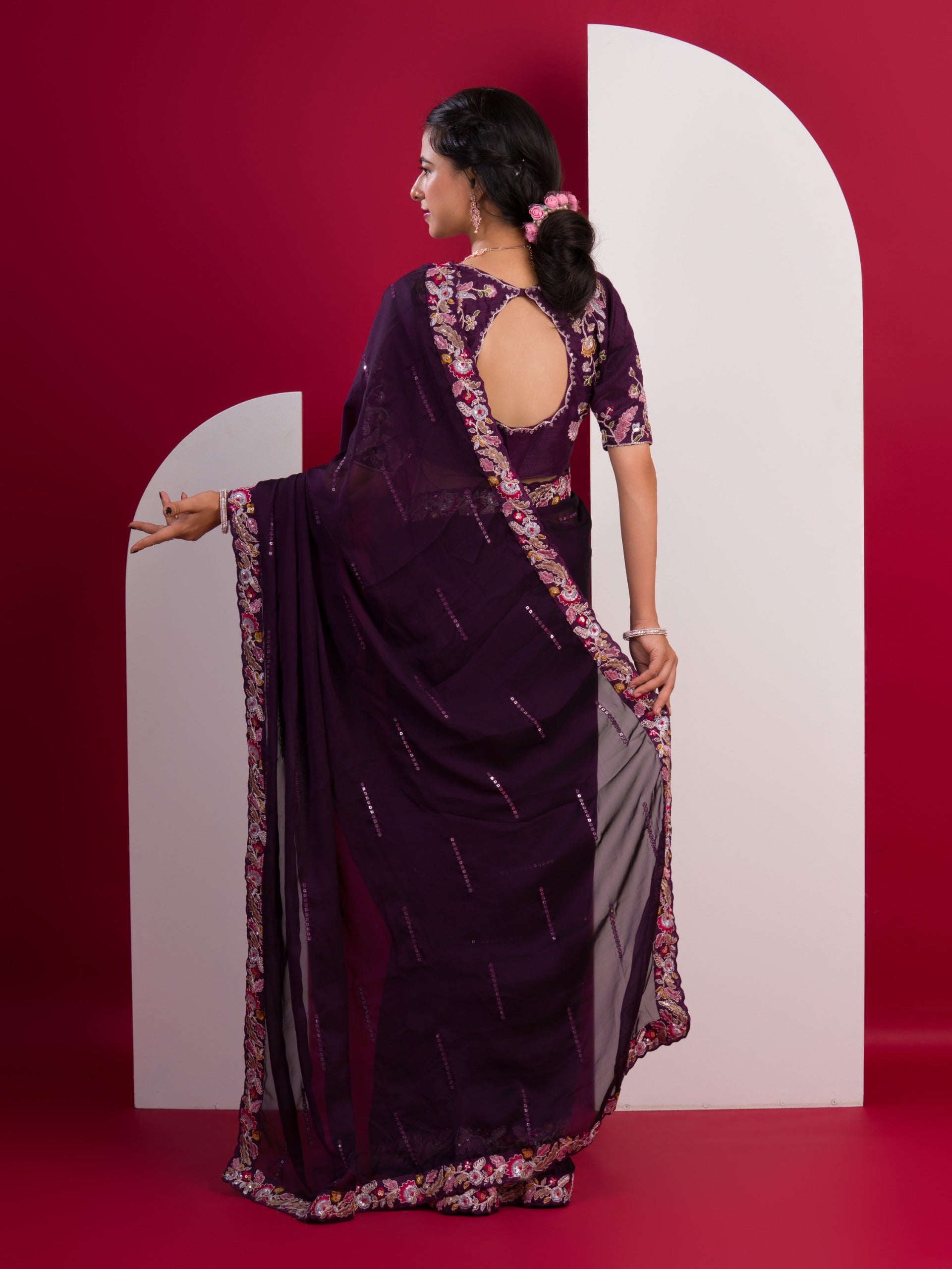 KcPc Premium Chiffon Silk Saree with Kashida Embroidered Readymade Blouse HM