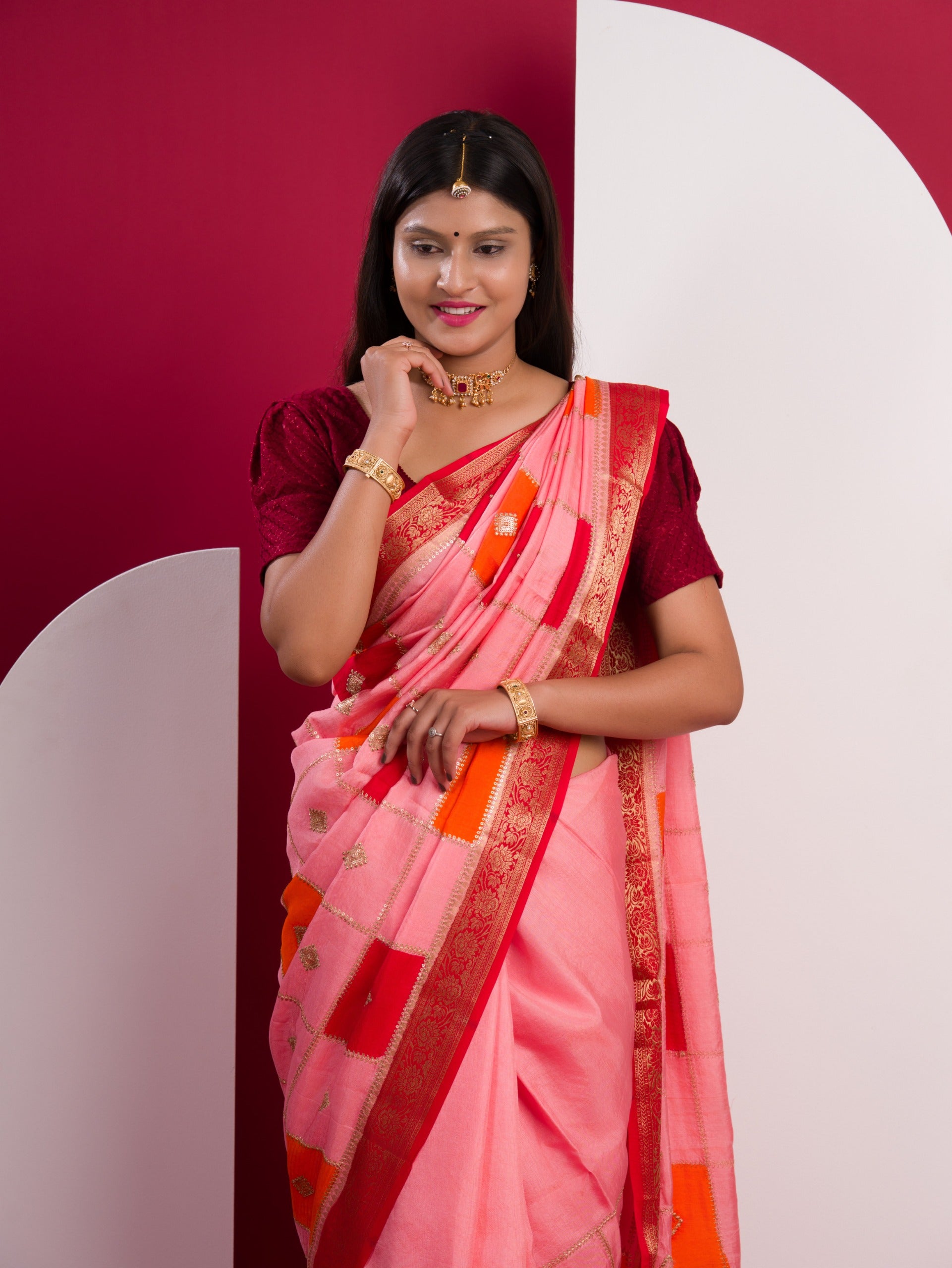 Chinon Sequence zari Thread Banarasi Border saree for festivals incolour