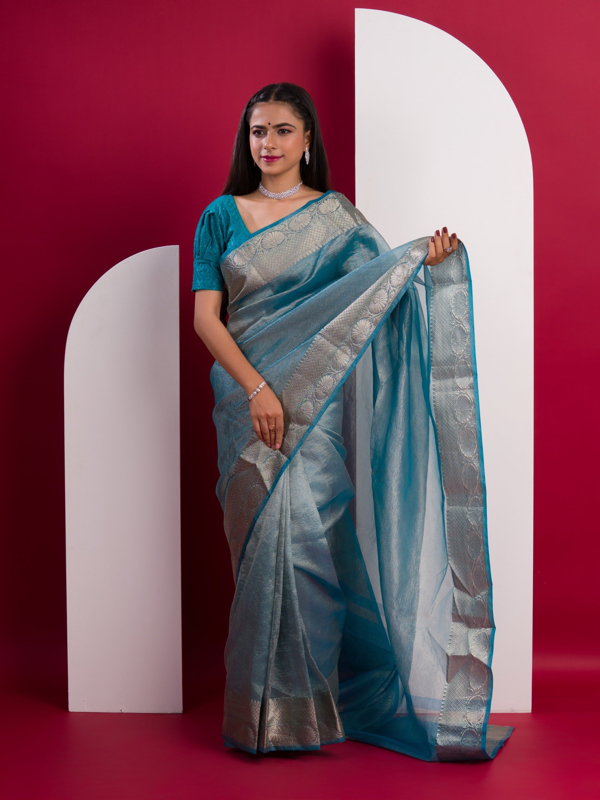 KcPc New pure Tissue Silk Banarasi Handloom Zari Border saree INA