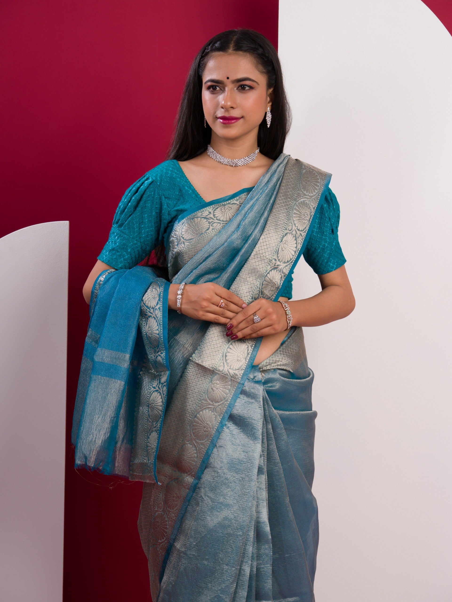 KcPc New pure Tissue Silk Banarasi Handloom Zari Border saree INA