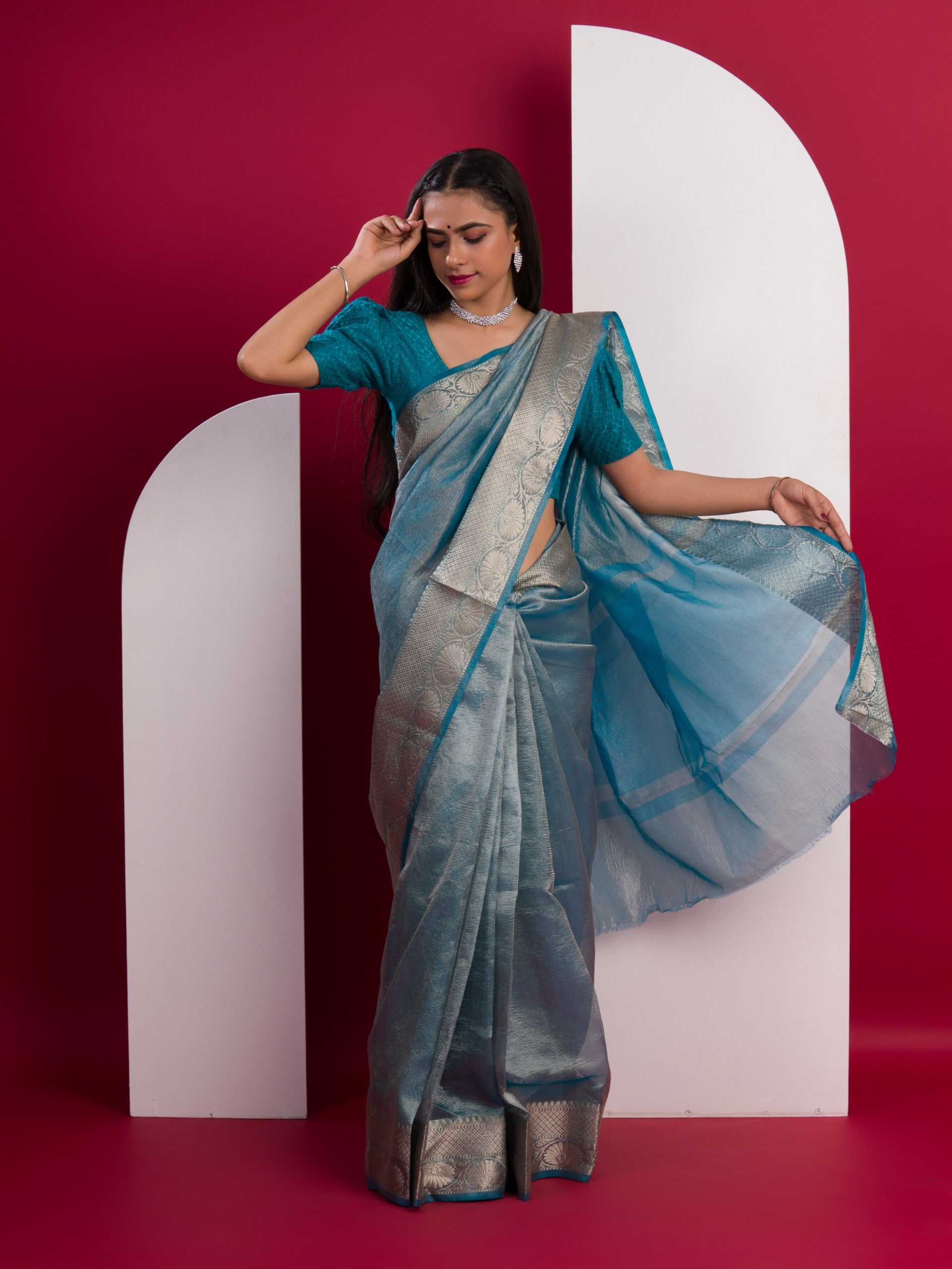 KcPc New pure Tissue Silk Banarasi Handloom Zari Border saree INA