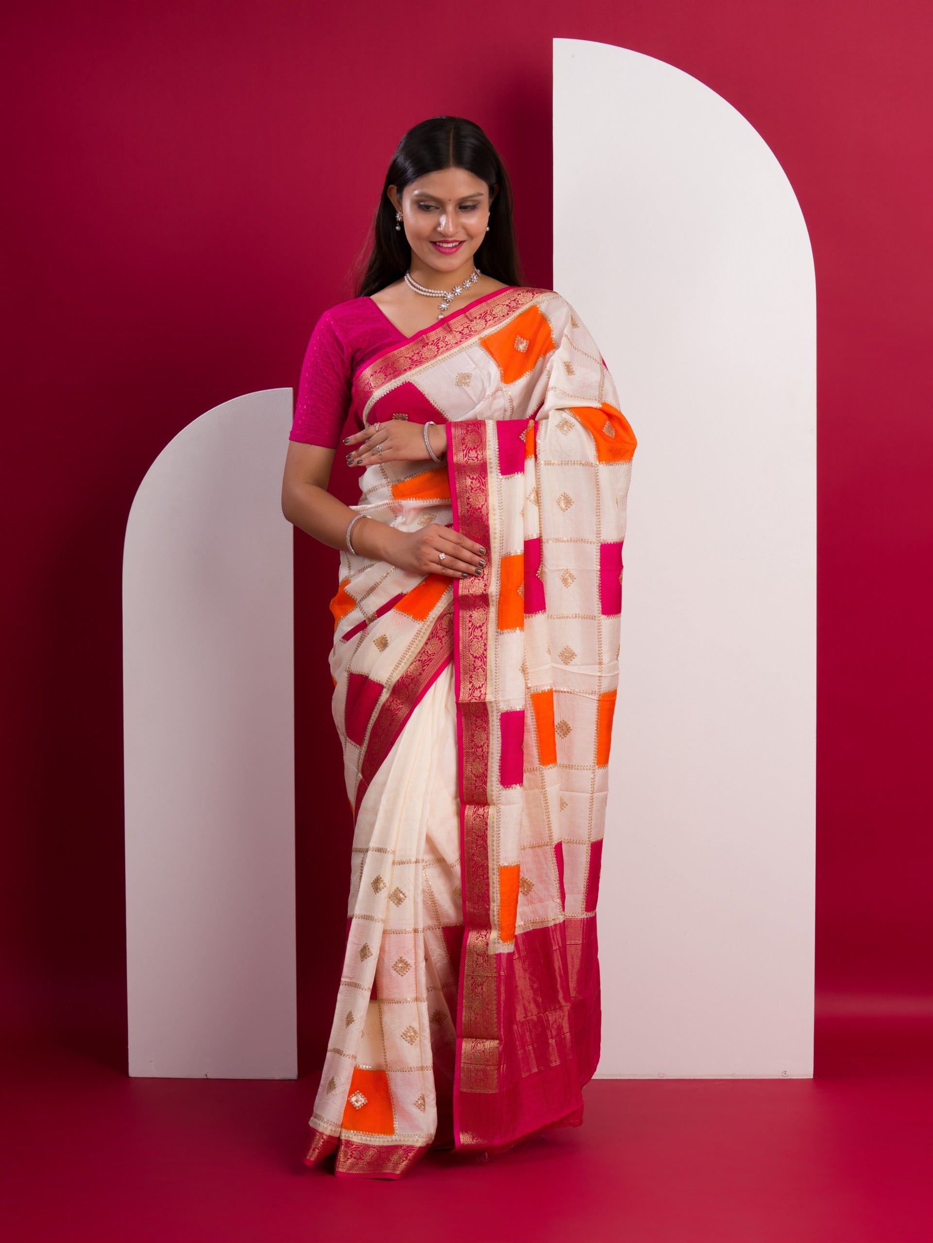 By Chinon Sequence Zari Thread Banarasi Border Saree for festivals in multi colour