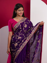 Chinon Rajwadi Style Sequence Embroidery Work saree in purple colour
