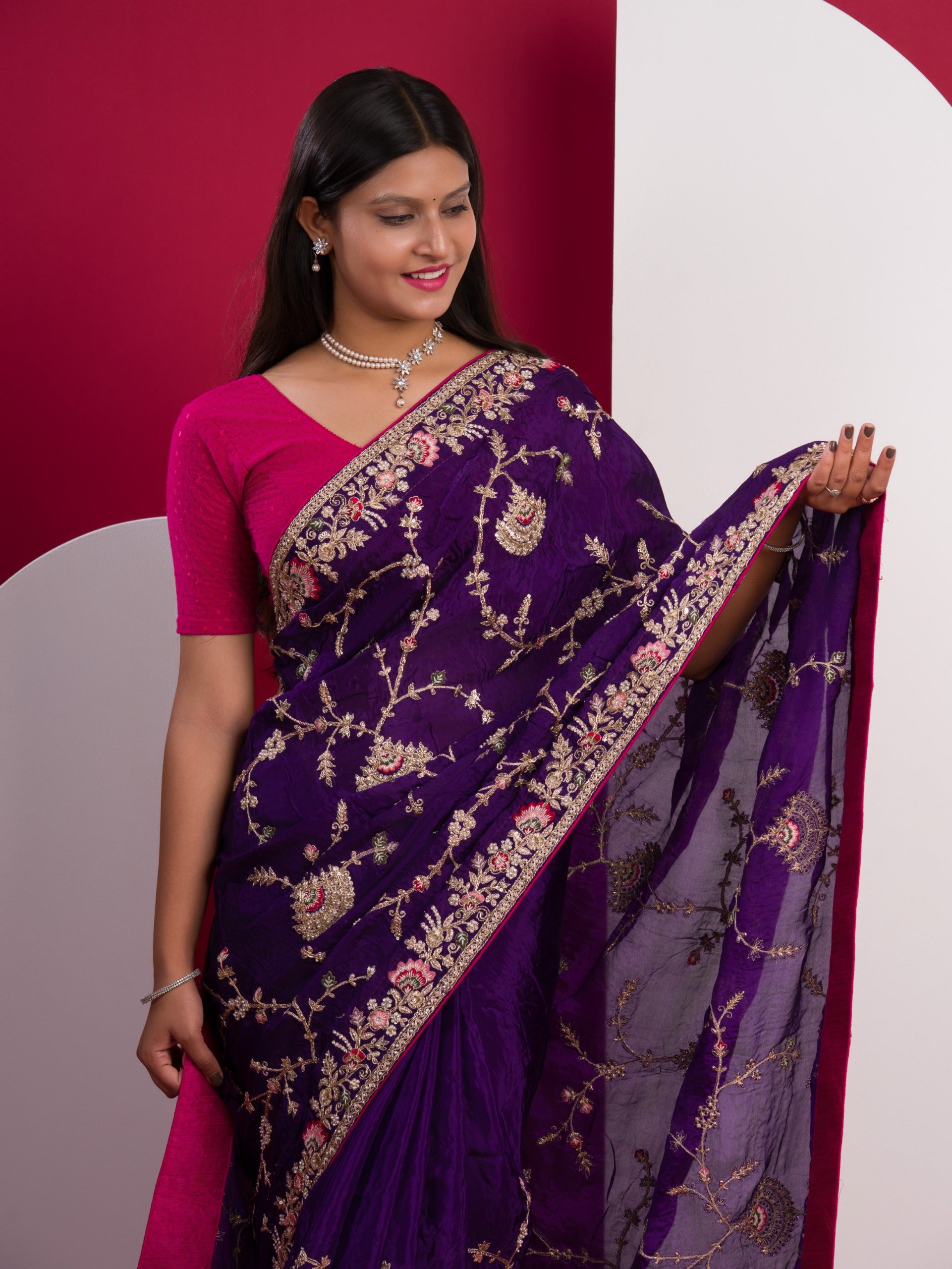 Chinon Rajwadi Style Sequence Embroidery Work saree in purple colour