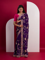 Chinon Rajwadi Style Sequence Embroidery Work saree in purple colour