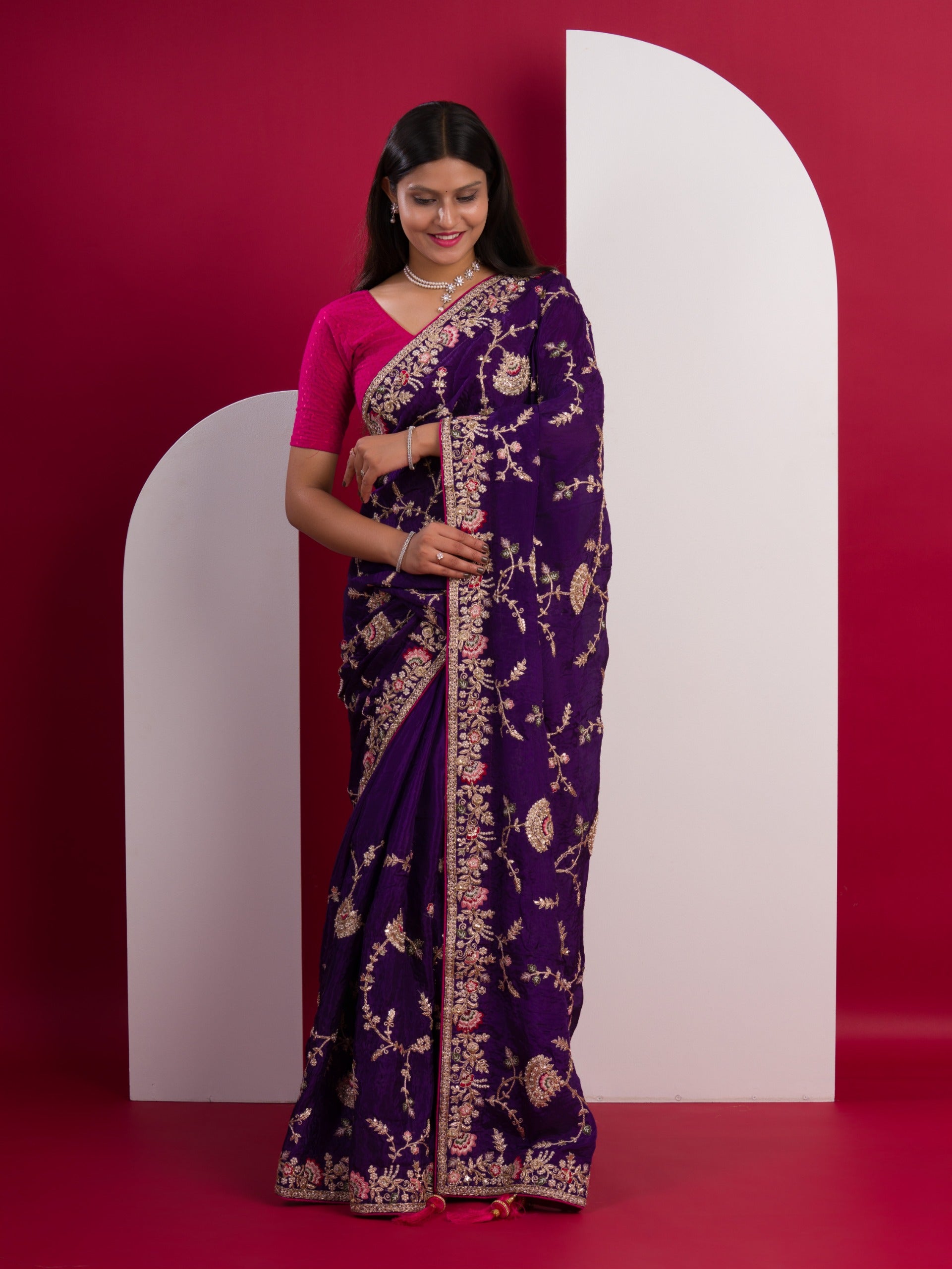 Chinon Rajwadi Style Sequence Embroidery Work saree in purple colour