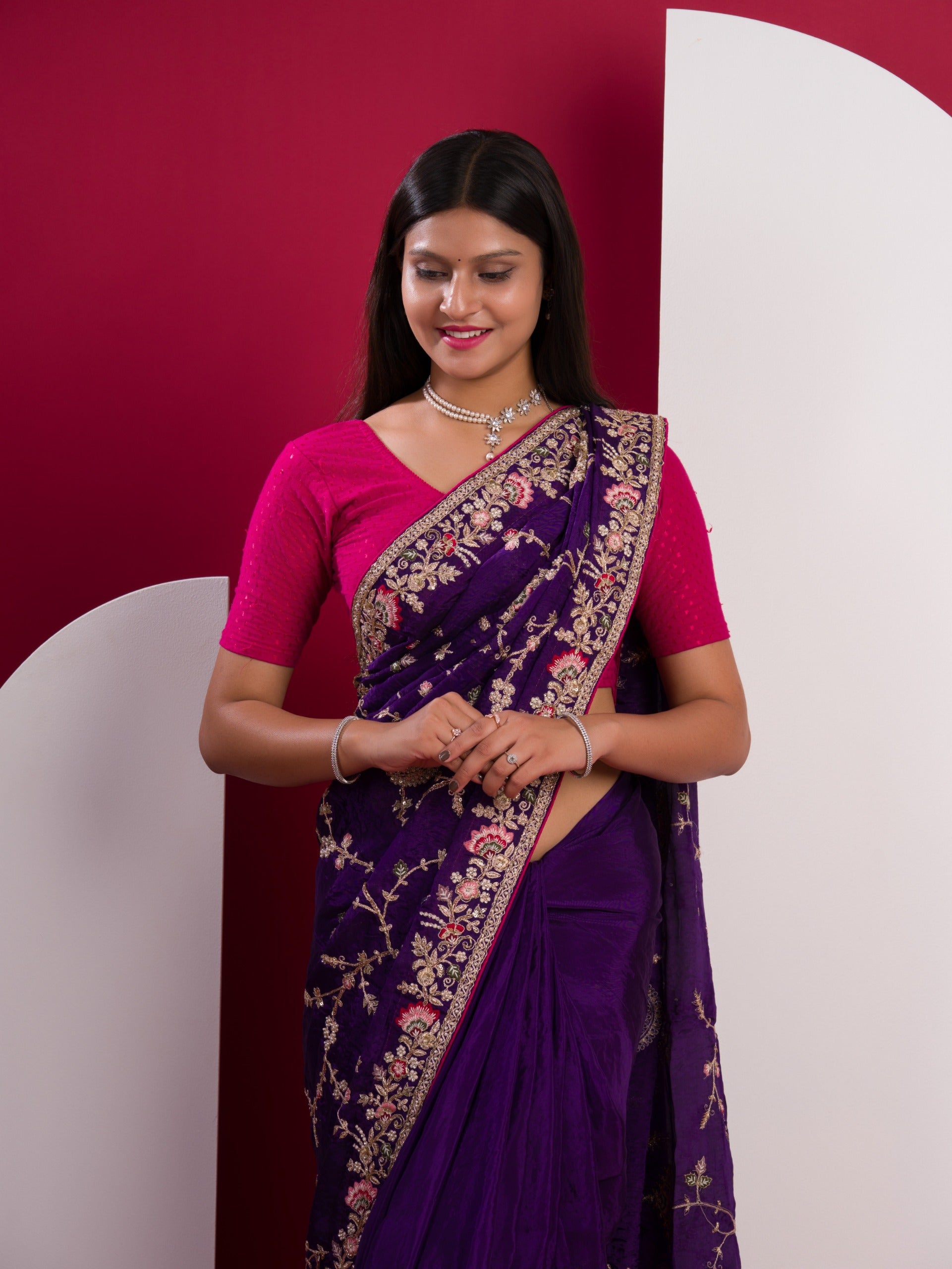 Chinon Rajwadi Style Sequence Embroidery Work saree in purple colour