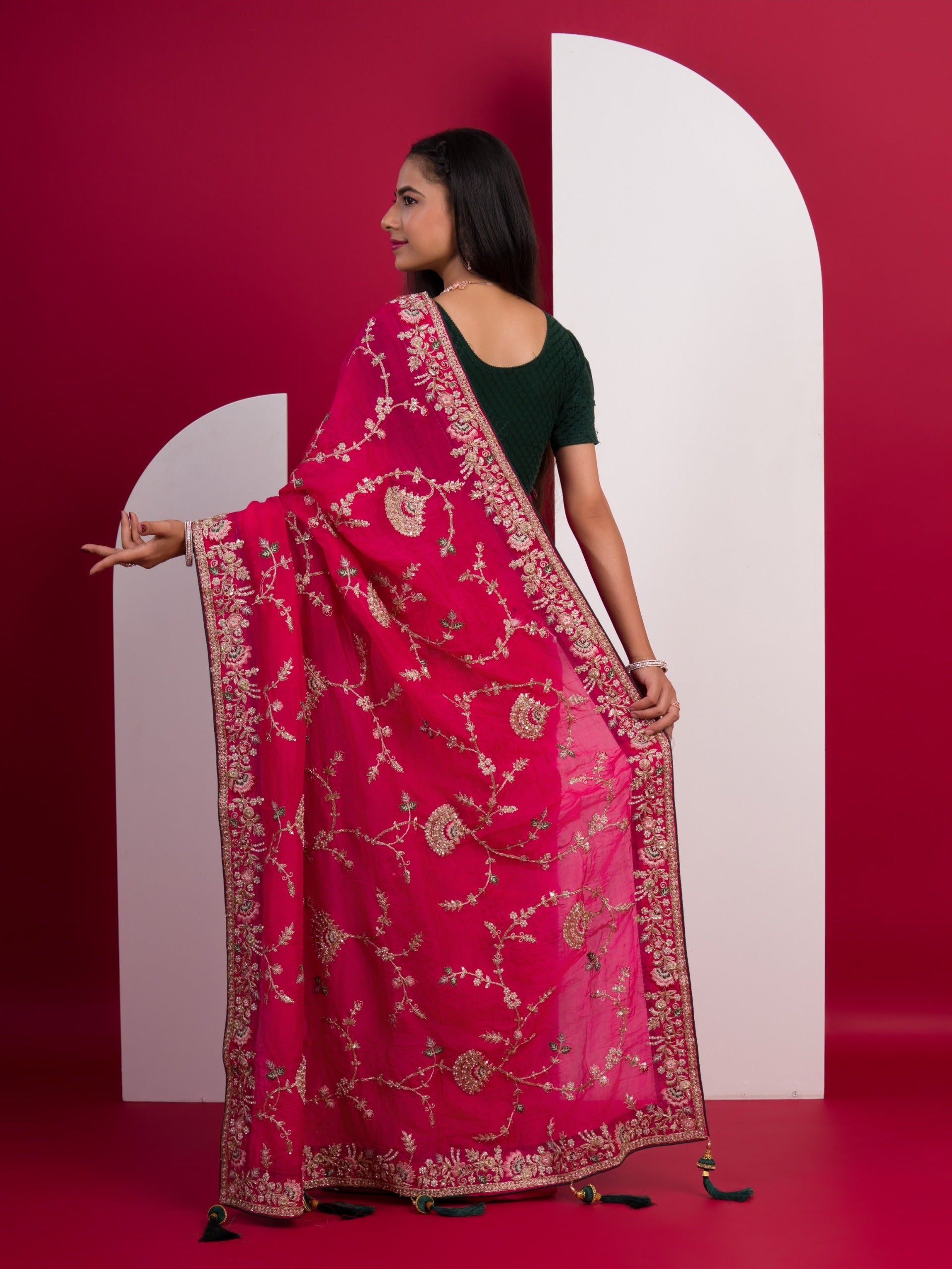 Rajwadi Style Sequence Embroidery Work sareein pink colour