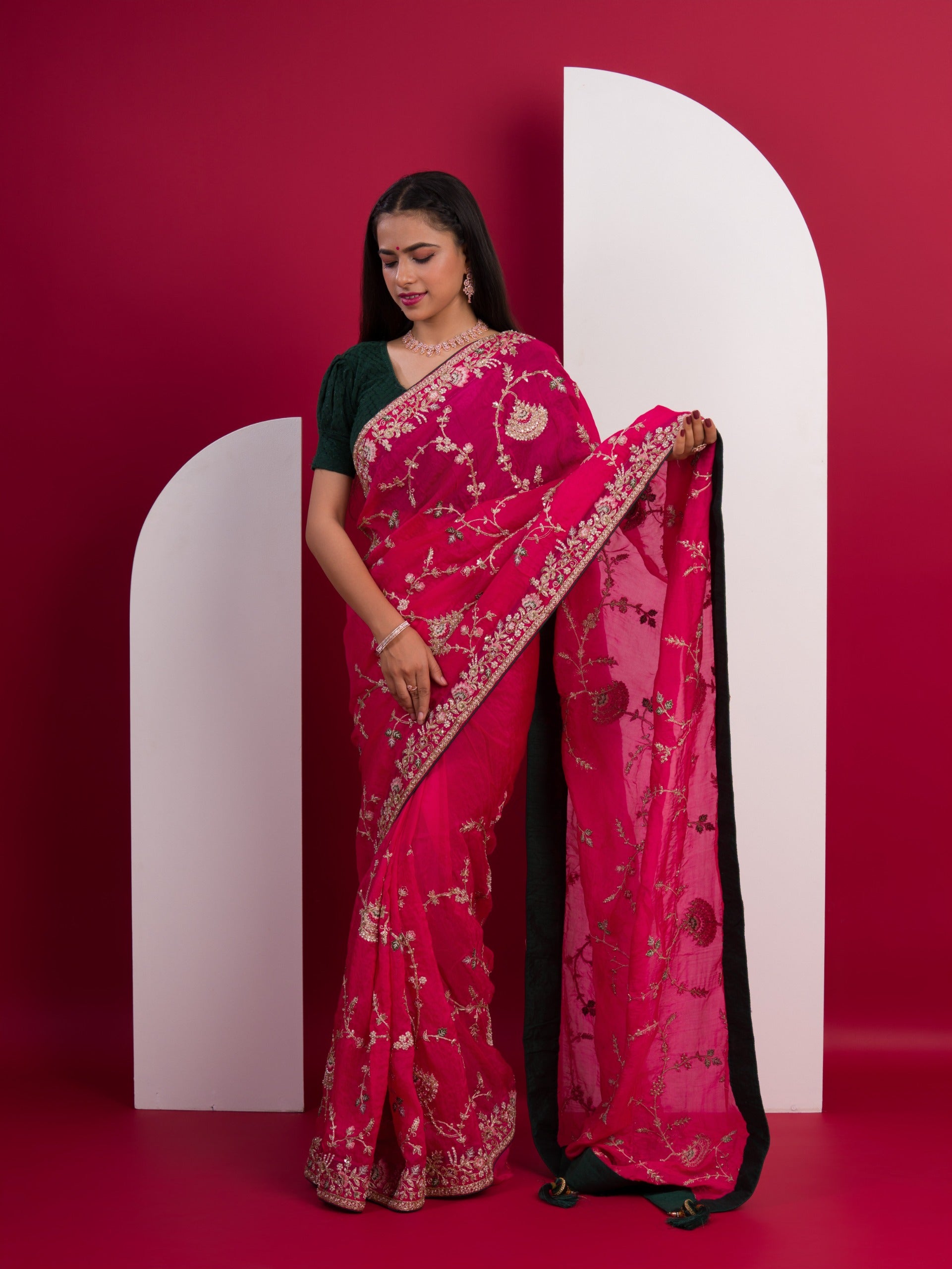 Rajwadi Style Sequence Embroidery Work sareein pink colour