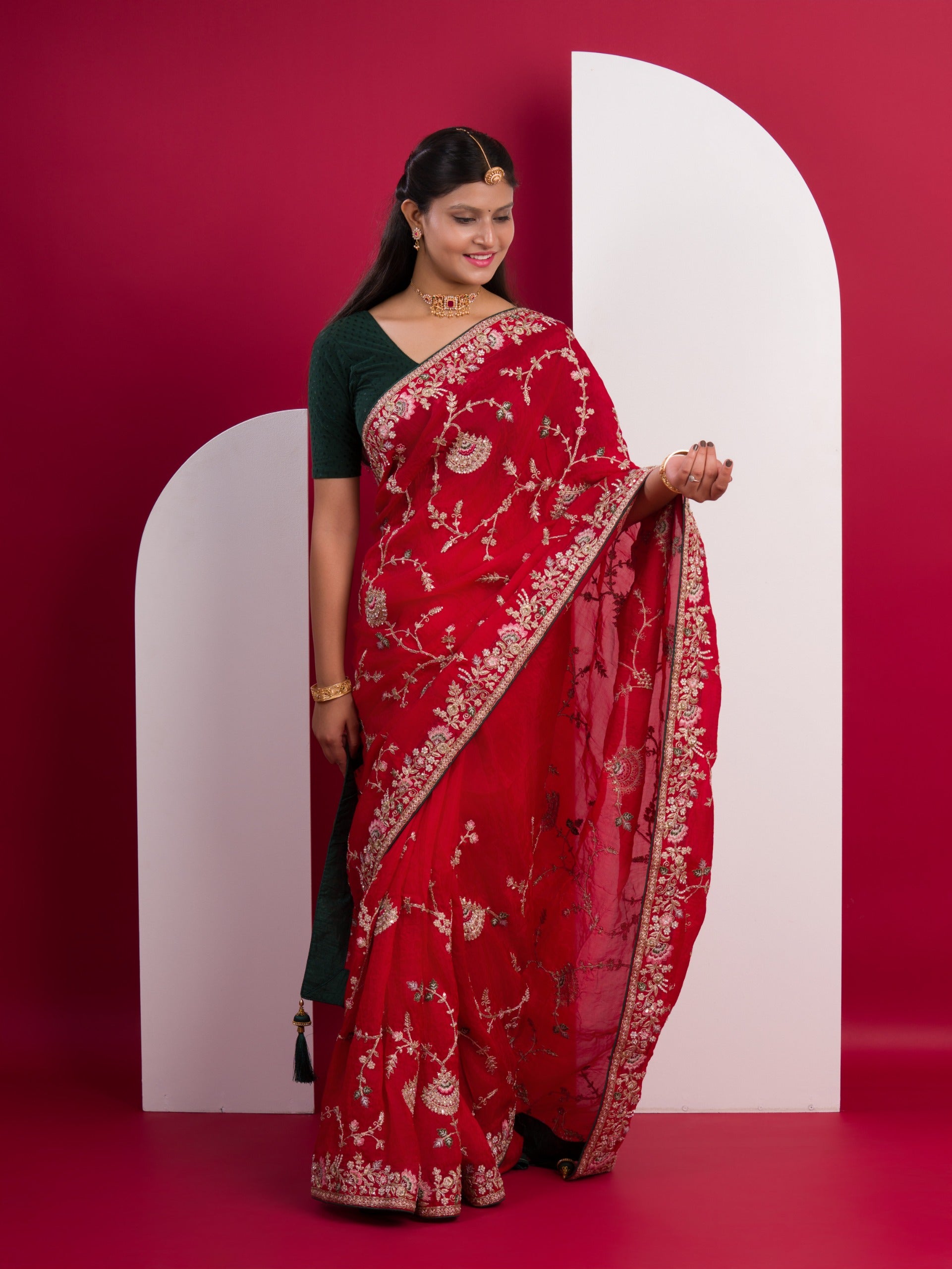 Chinon Rajwadi Style Sequence Embroidery Work saree in red colour