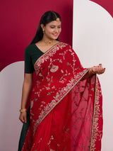 Chinon Rajwadi Style Sequence Embroidery Work saree in red colour