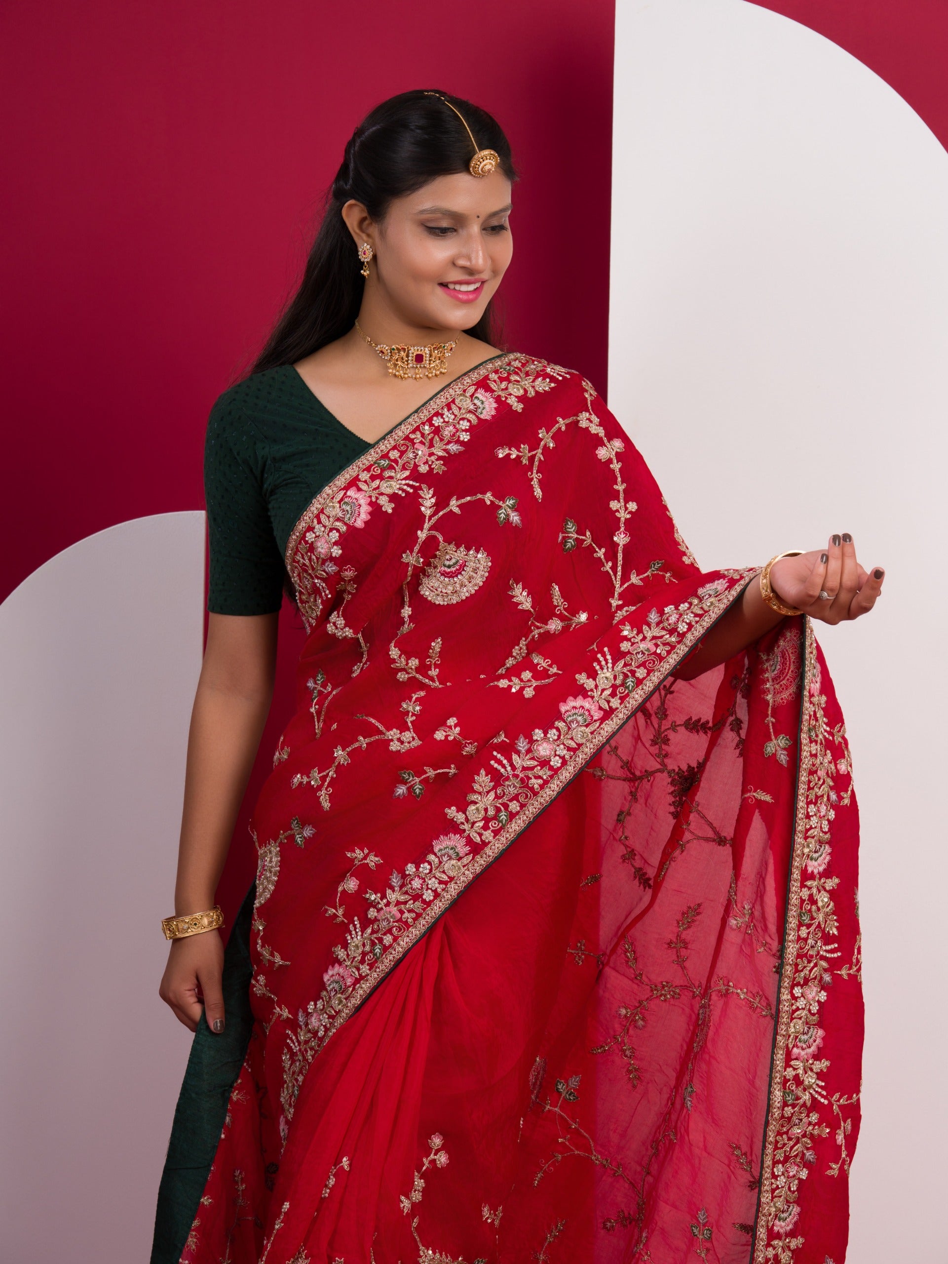 Chinon Rajwadi Style Sequence Embroidery Work saree in red colour