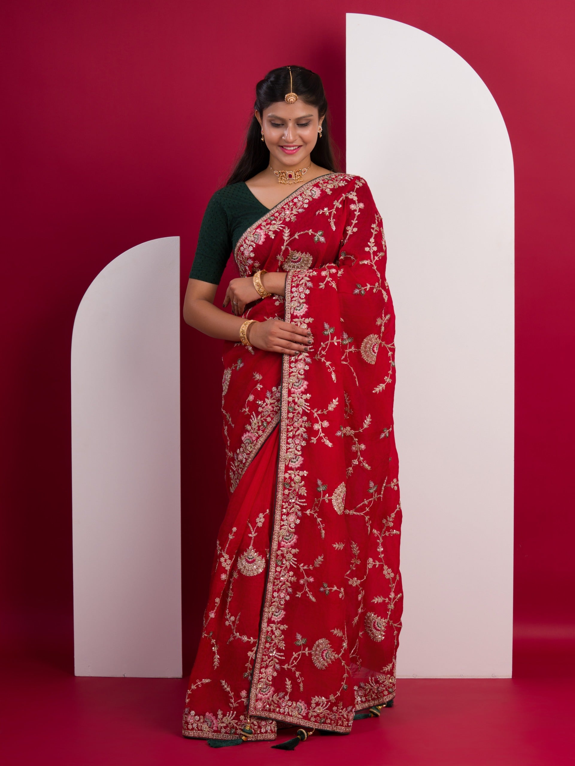 Chinon Rajwadi Style Sequence Embroidery Work saree in red colour