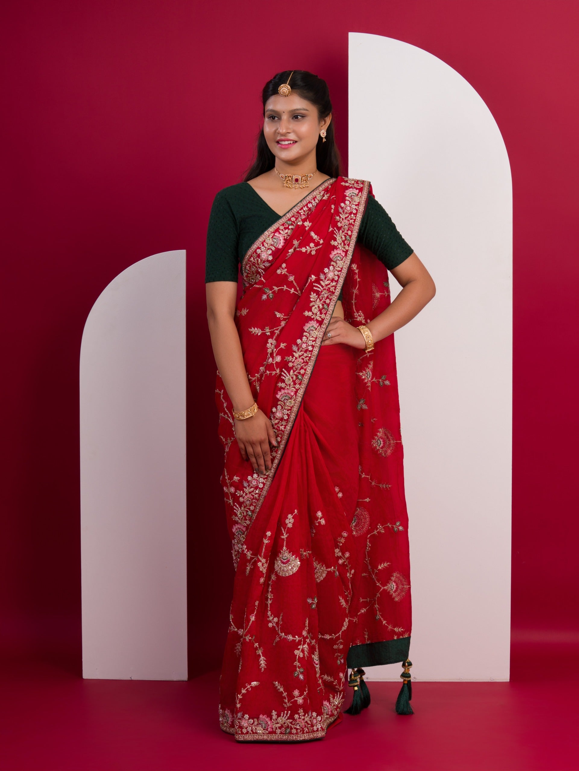 Chinon Rajwadi Style Sequence Embroidery Work saree in red colour