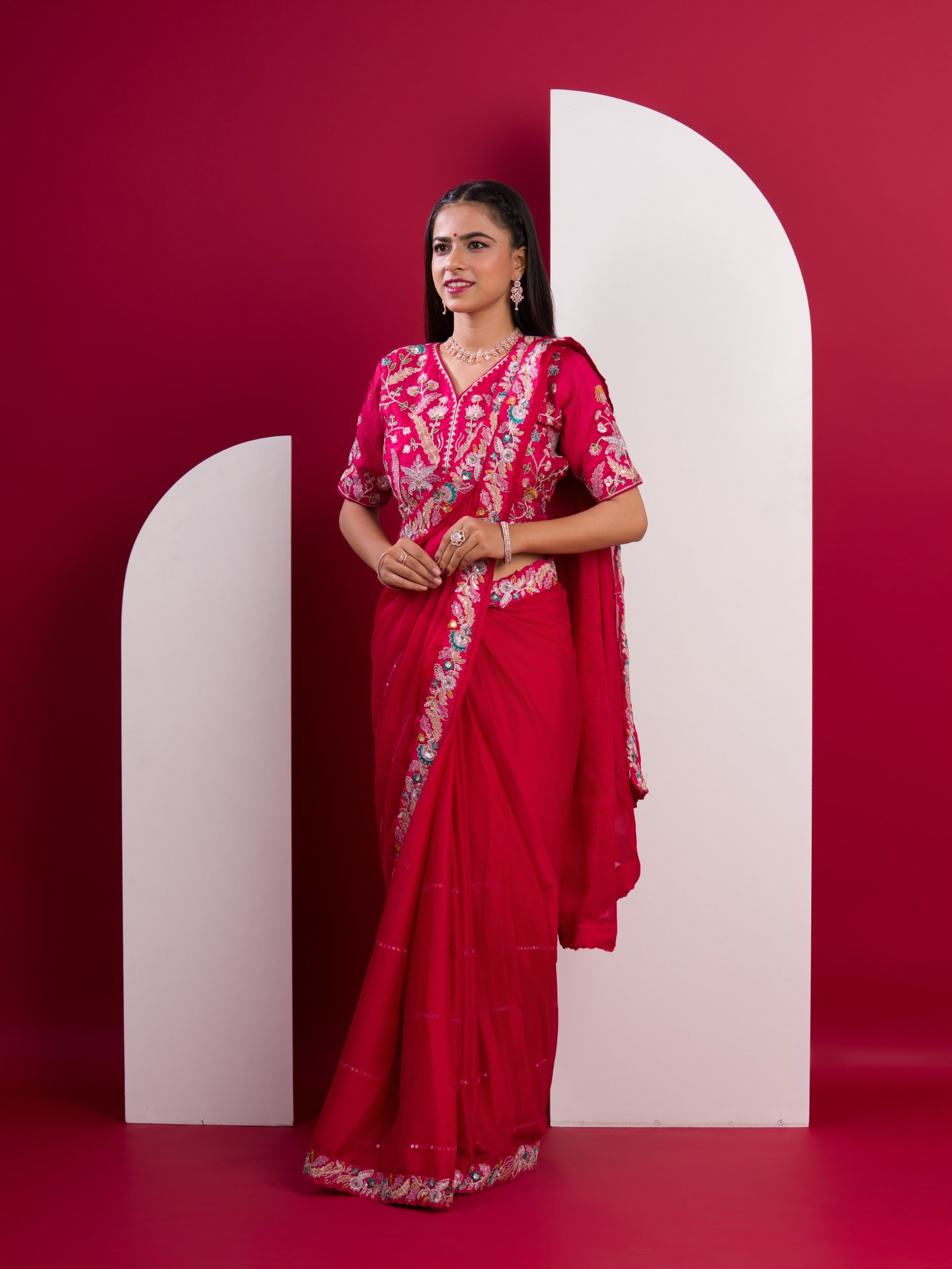 Kashida Embroidery Work saree wih readymade blouse