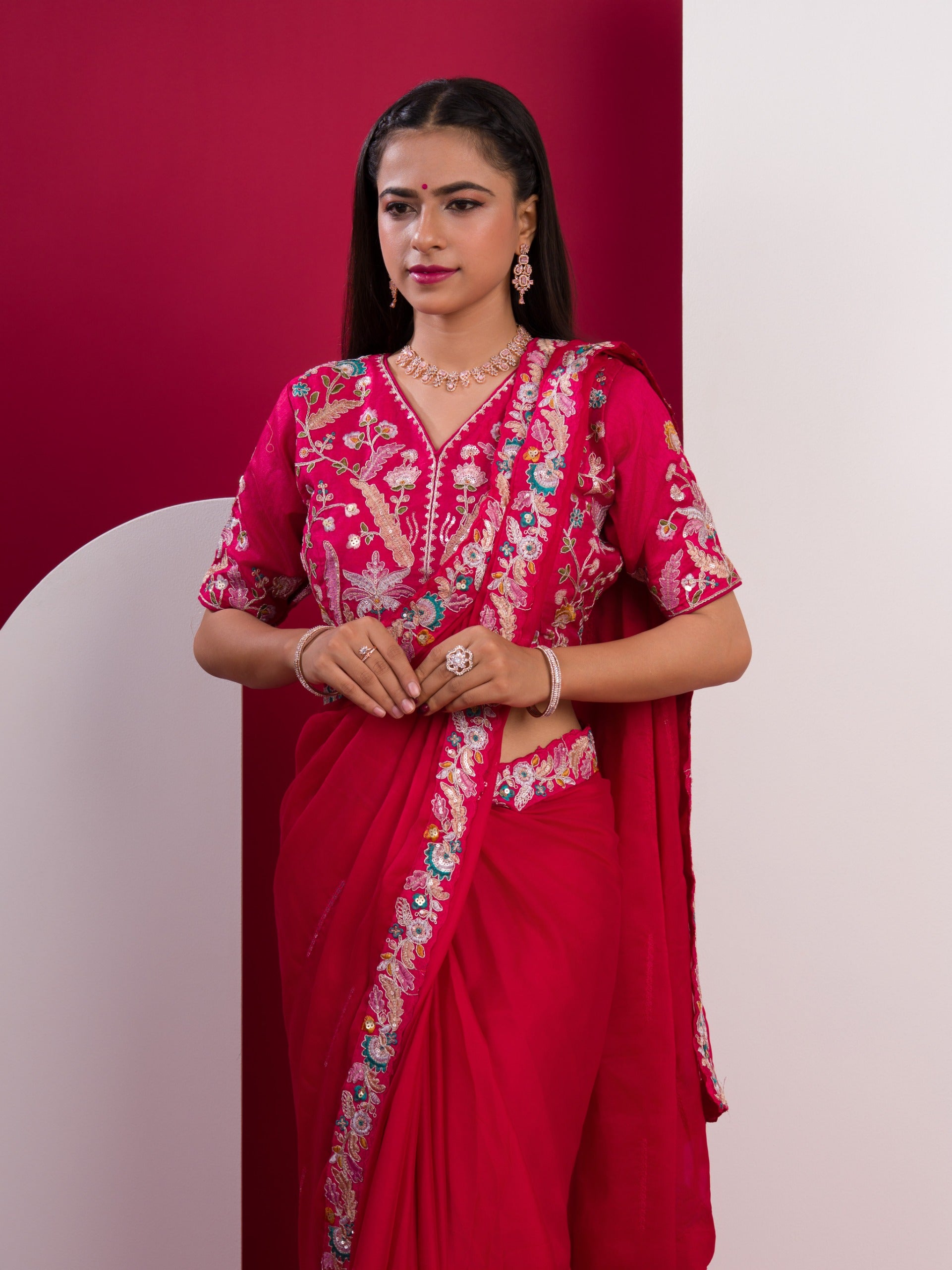 Kashida Embroidery Work saree wih readymade blouse