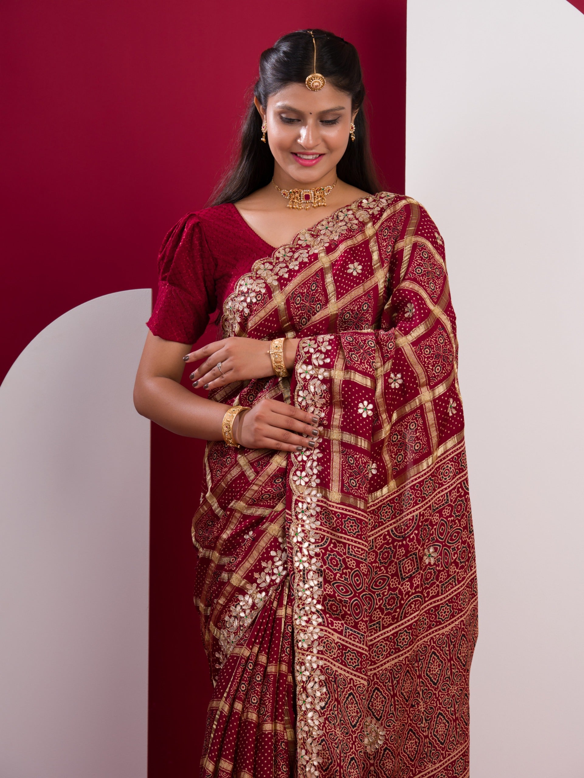 KcPc Pure Modal Gaji SilkAjrakh Handblock with Gotapatti Handwork Saree AMT