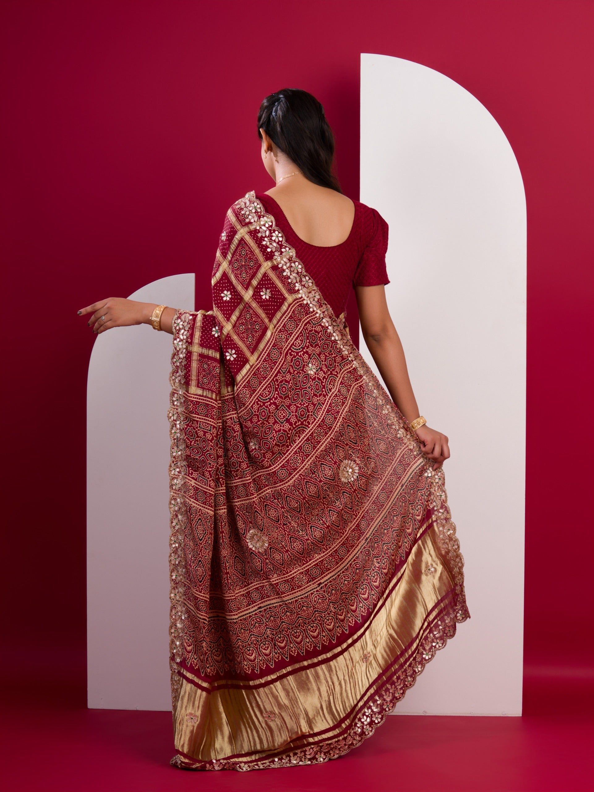 KcPc Pure Modal Gaji SilkAjrakh Handblock with Gotapatti Handwork Saree AMT