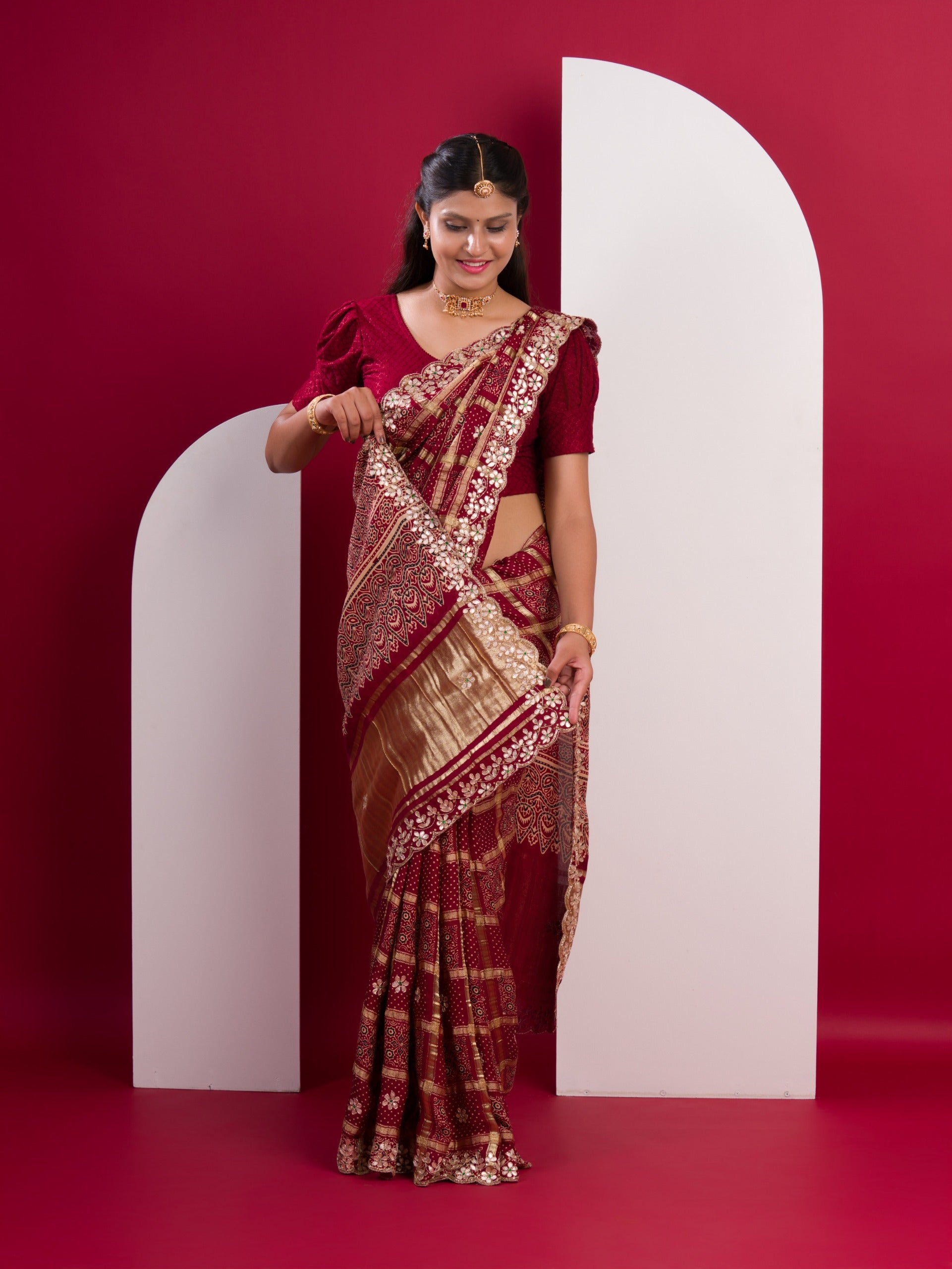 KcPc Pure Modal Gaji SilkAjrakh Handblock with Gotapatti Handwork Saree AMT