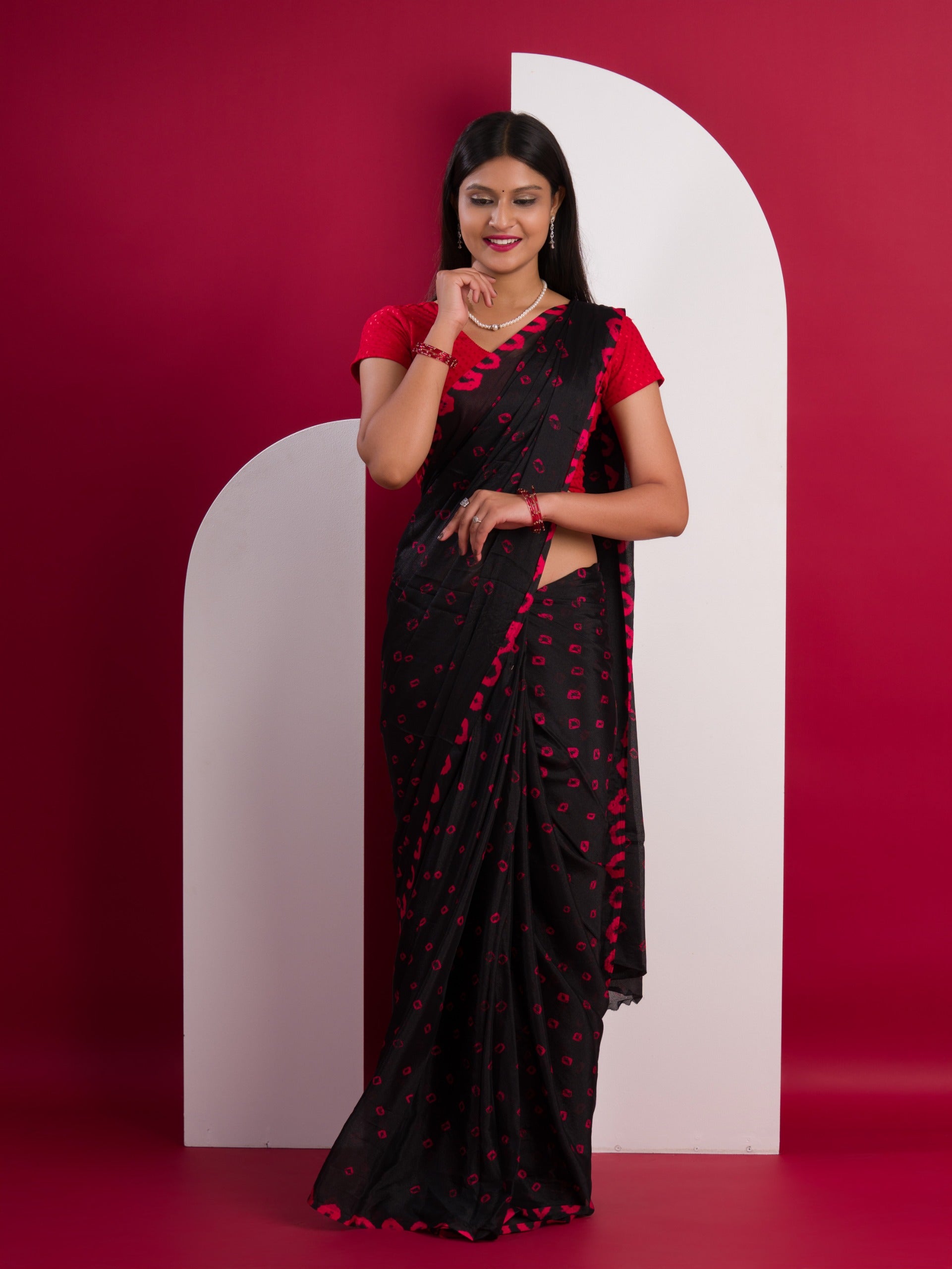 Chinon Silk Bandhani Style Sareein red and black colour under 1000