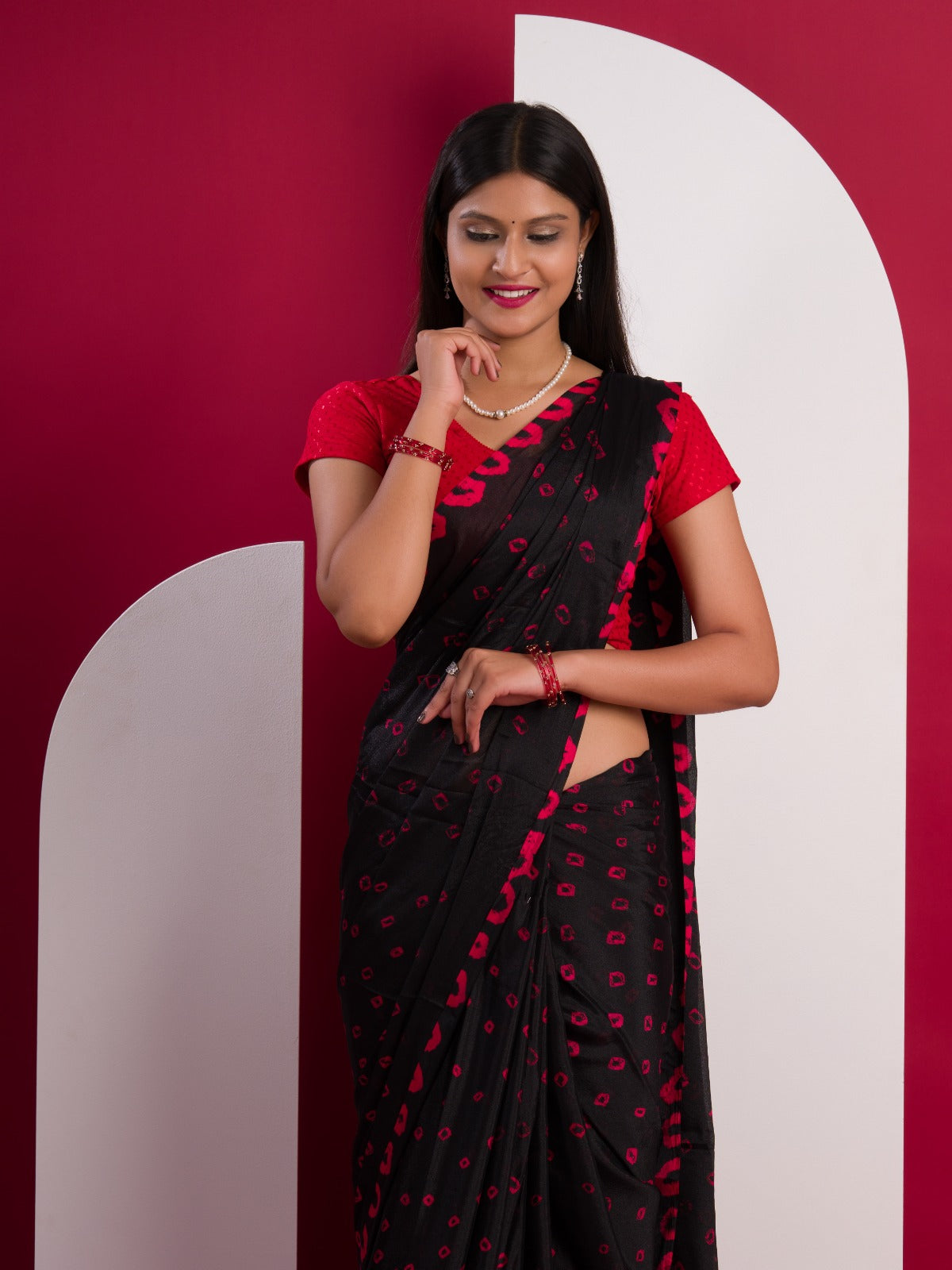 Chinon Silk Bandhani Style Sareein red and black colour under 1000
