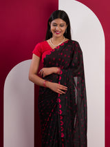 Chinon Silk Bandhani Style Sareein red and black colour under 1000