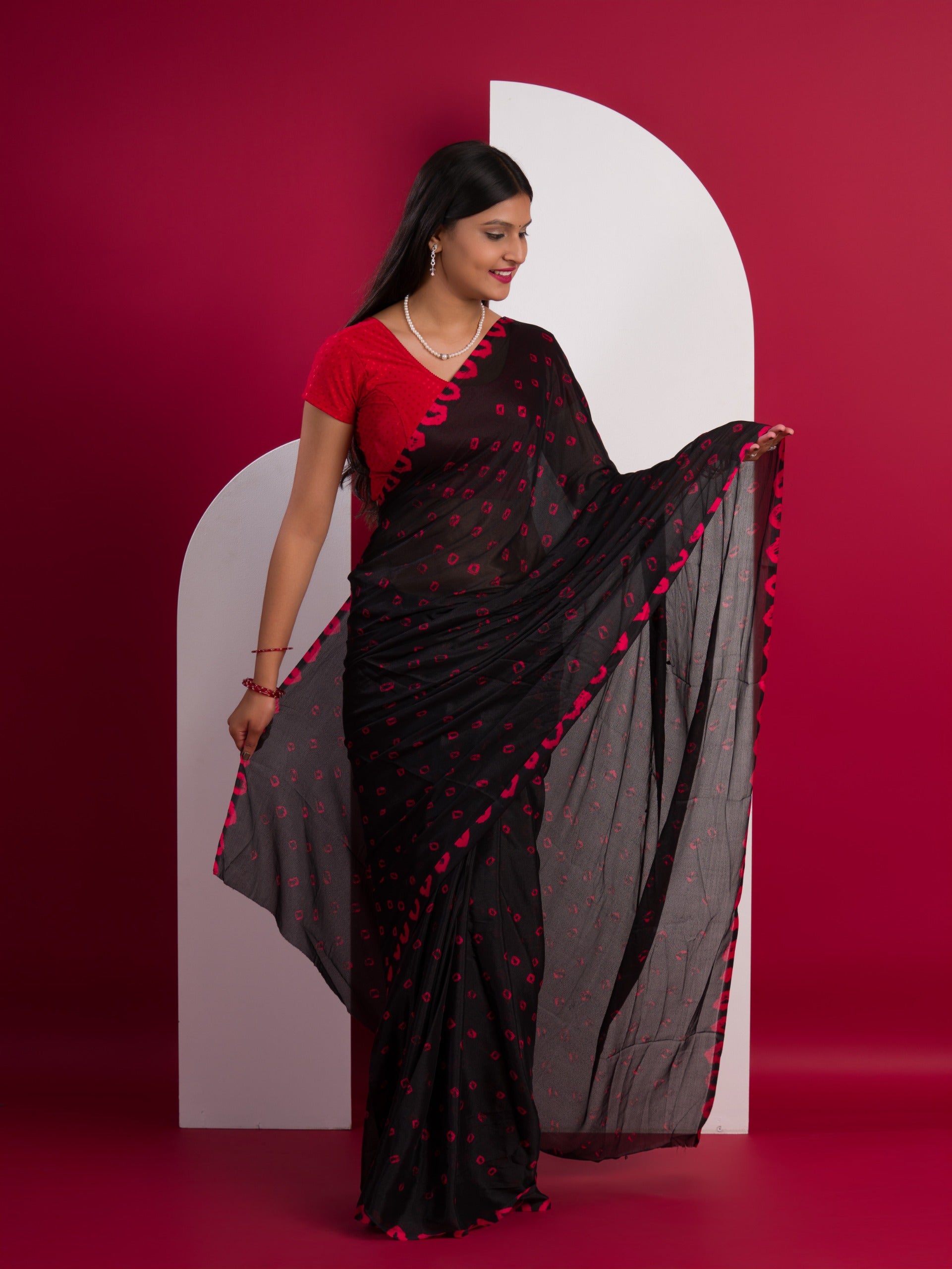 Chinon Silk Bandhani Style Sareein red and black colour under 1000